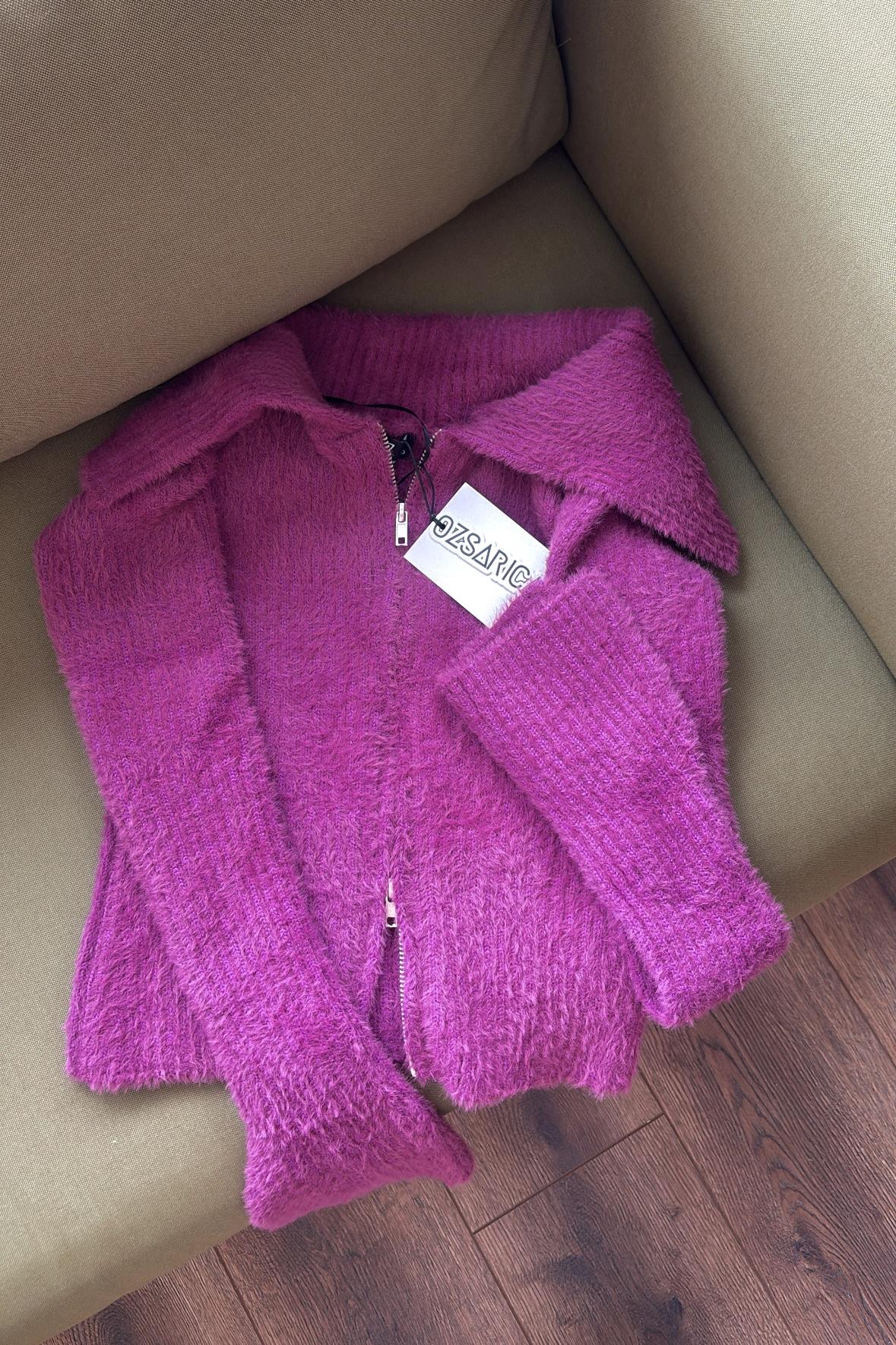 Lexa Denizci Yaka Fermuarlı Hırka - Mor