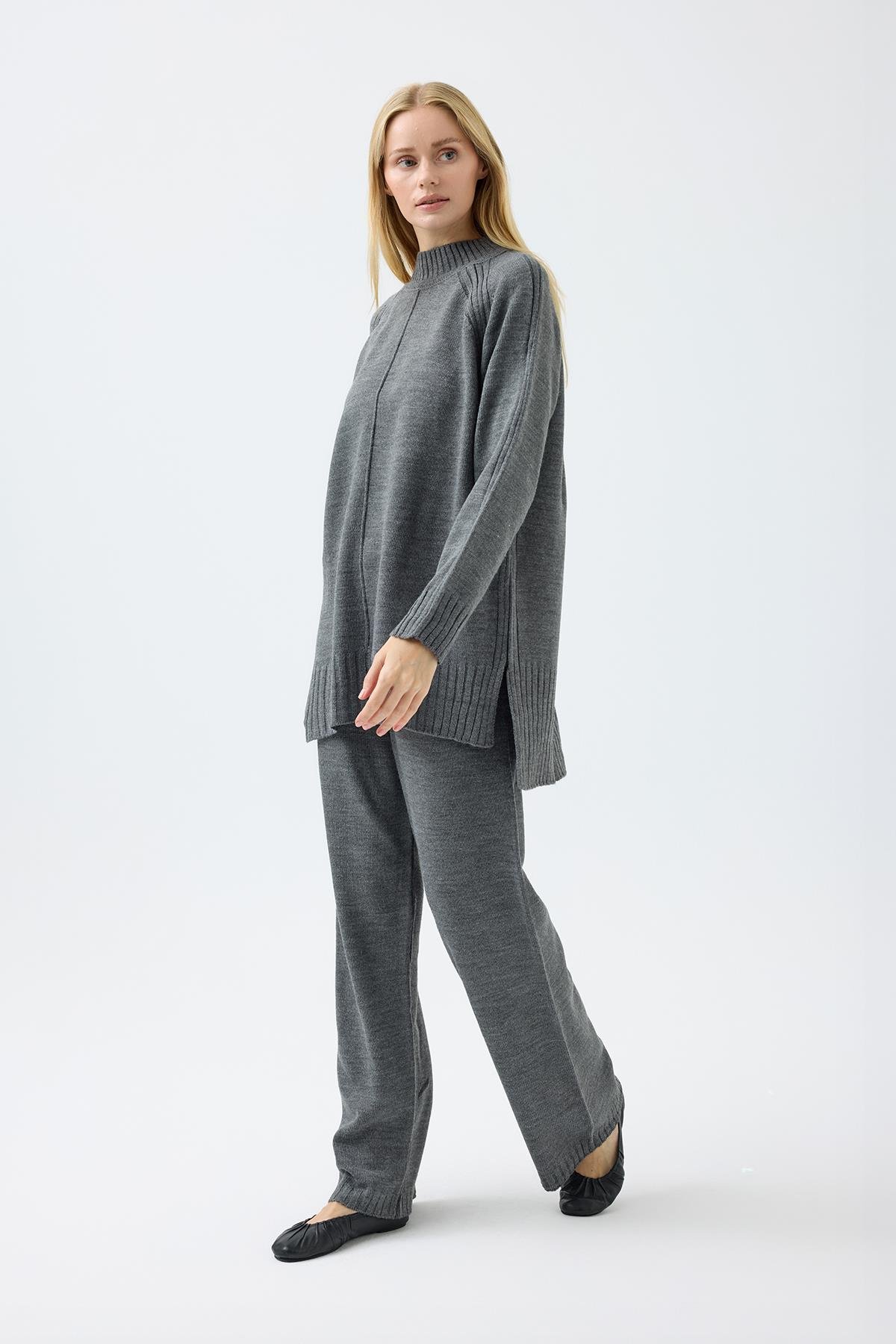 Lilie Nervürlü Triko Takım - Bordo 