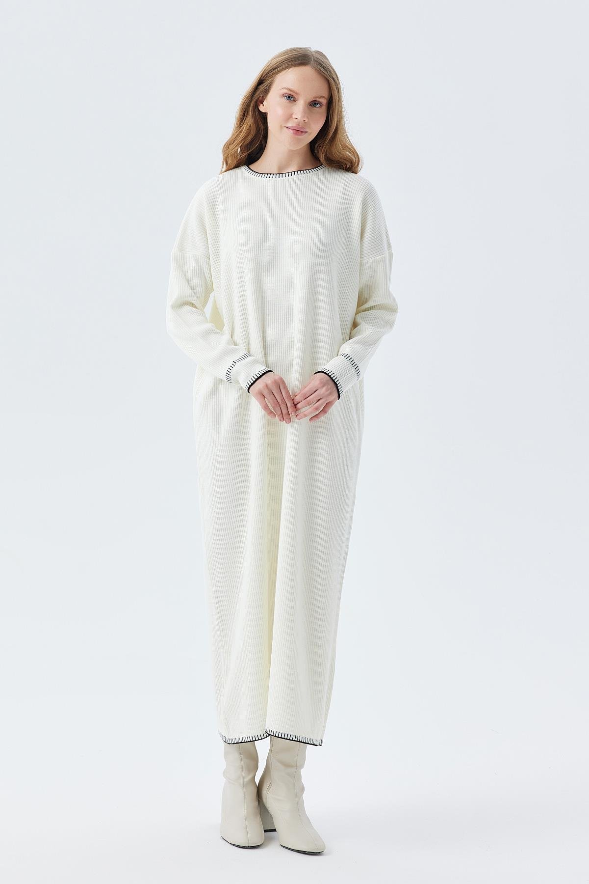 LILITH TEĞEL DETAYLI FİTİLLİ TRİKO ELBİSE - EKRU