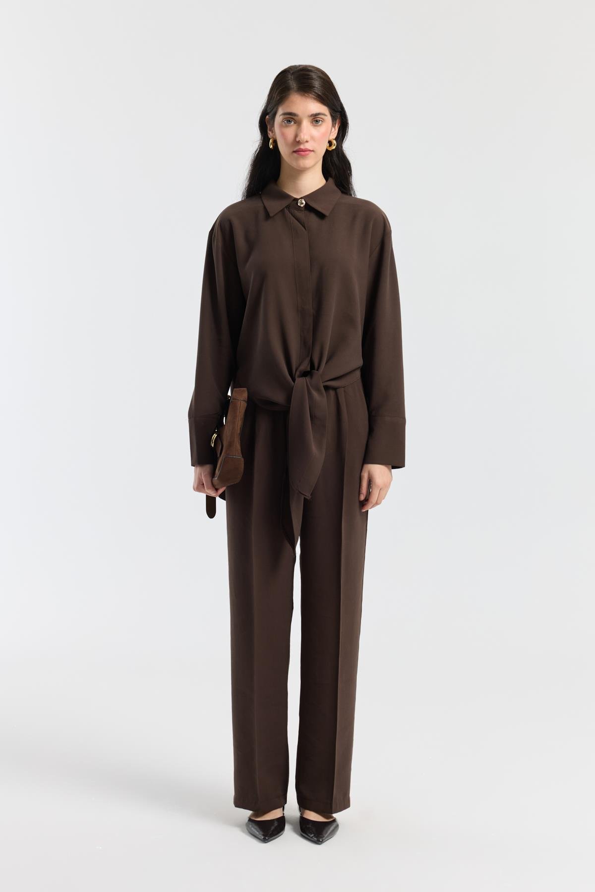 Liliya Önden Bağlamalı Pile Detaylı Takım - Kahverengi