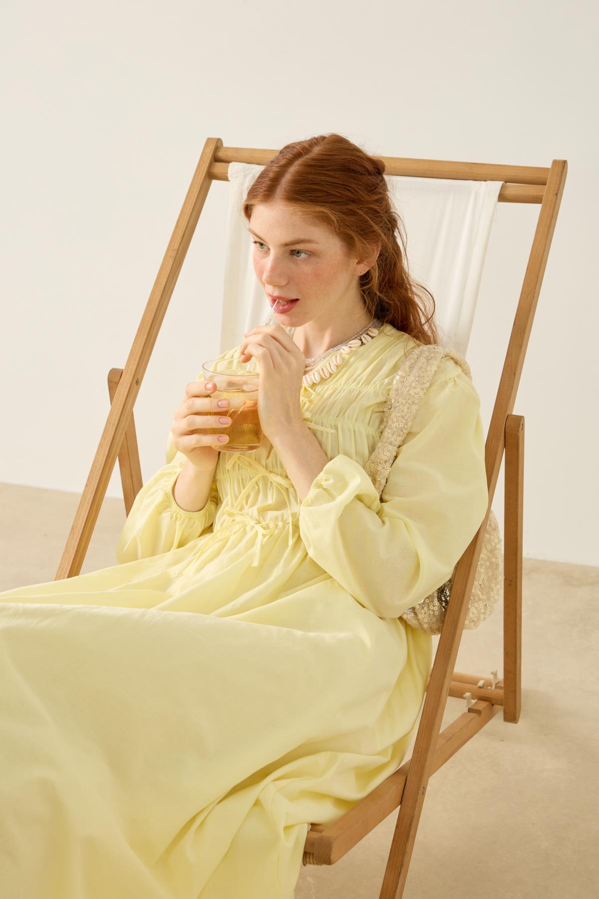 Lucianna Fiyonklu Büzgülü Vual Elbise - Limon Sarı