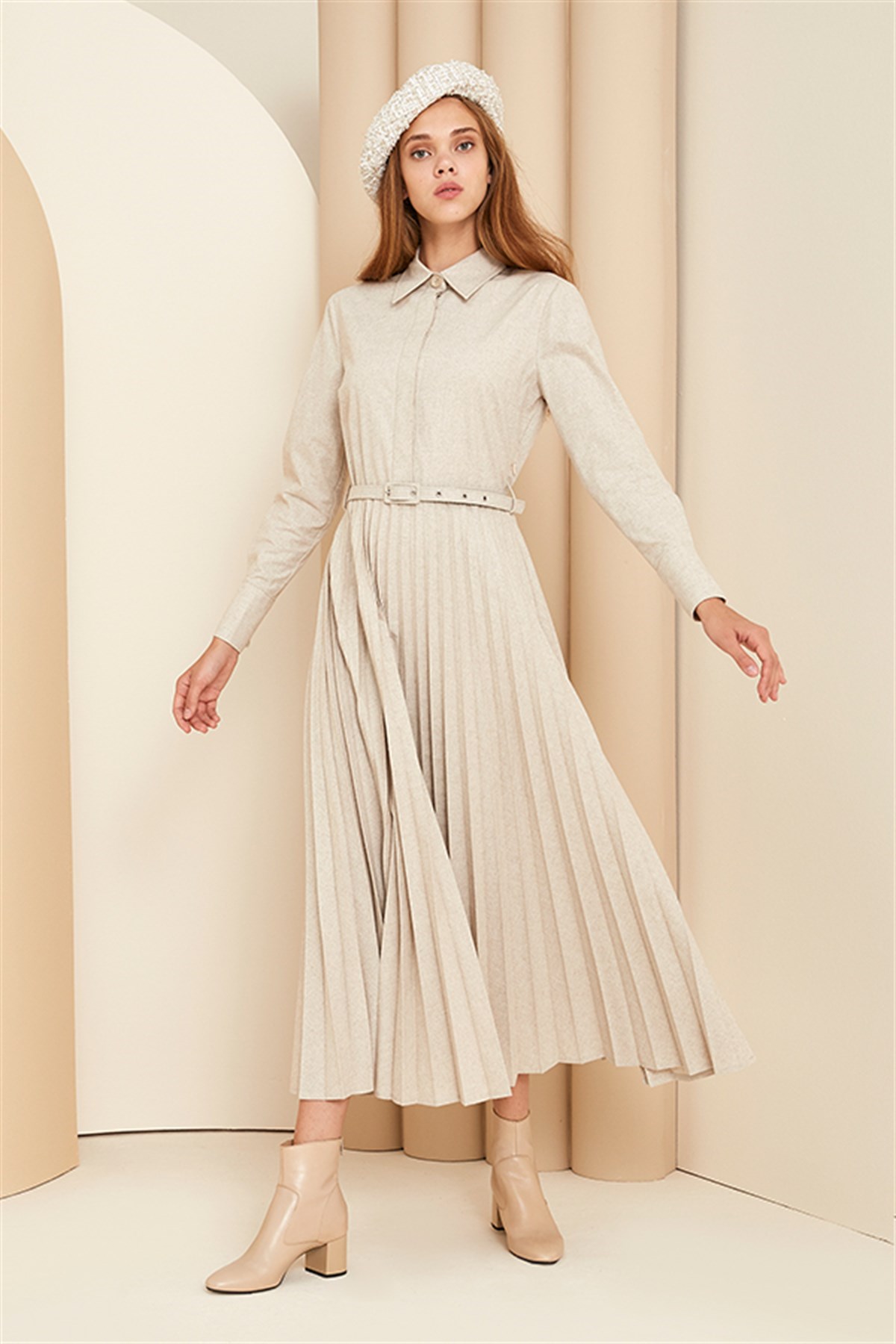 Luna Plisole Elbise - Bej