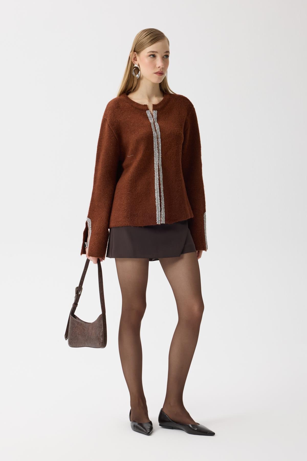 Madelyn Taş İşlemeli Hırka - Kahverengi 