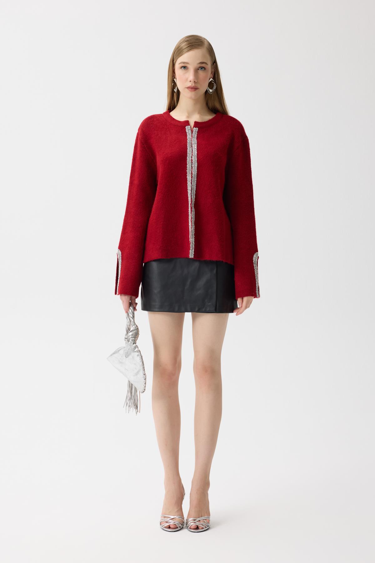 Madelyn Taş İşlemeli Hırka - Kırmızı