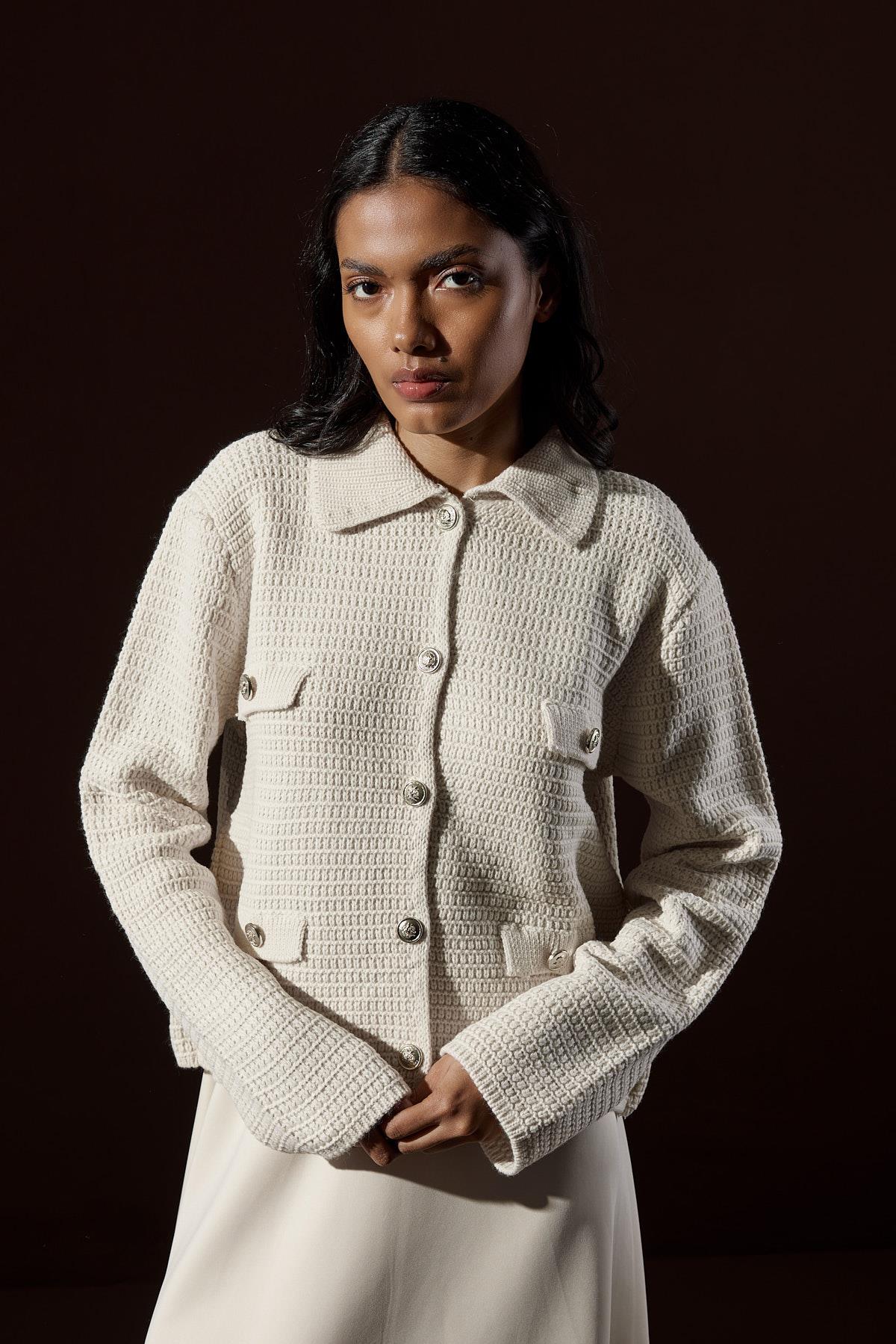 Maisie Gold Düğmeli Örgü Hırka - Krem