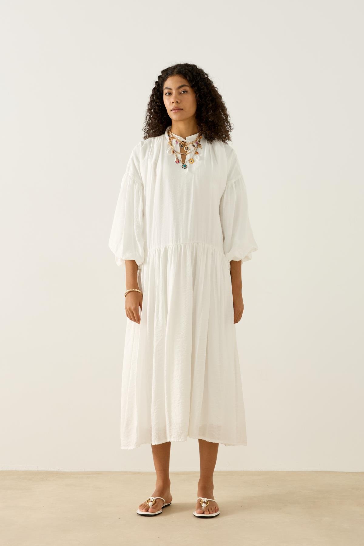 Margaret Robalı Balon Kol Elbise - Beyaz