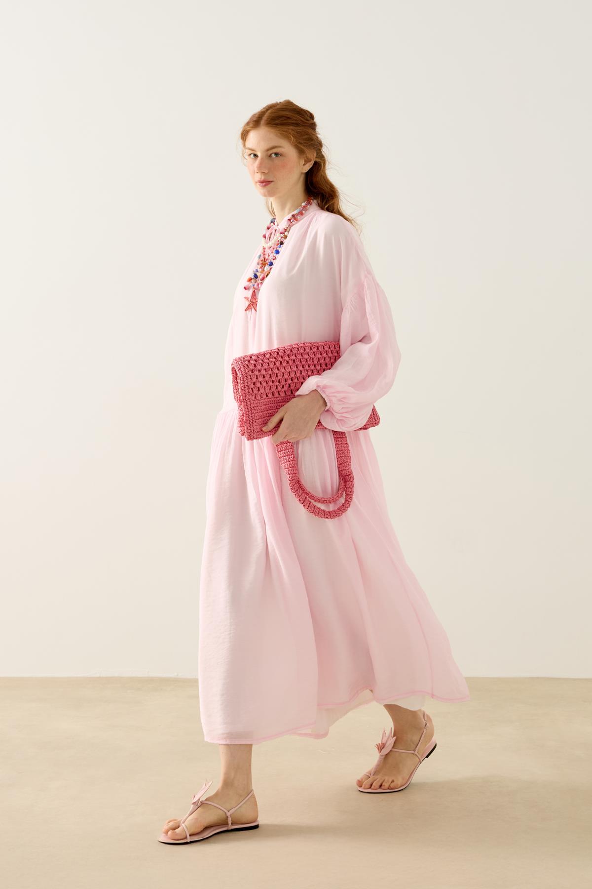 Margaret Robalı Balon Kol Elbise  - Pembe