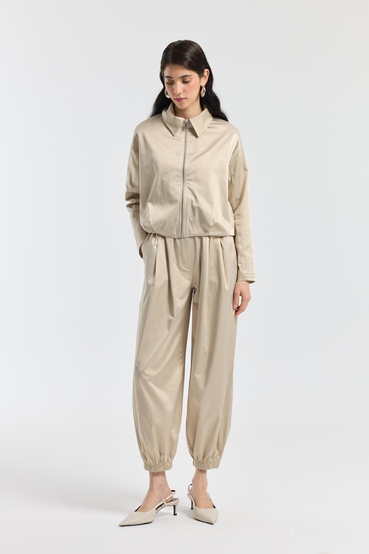 Maria Pileli Saten Bomber Ceket - Taş