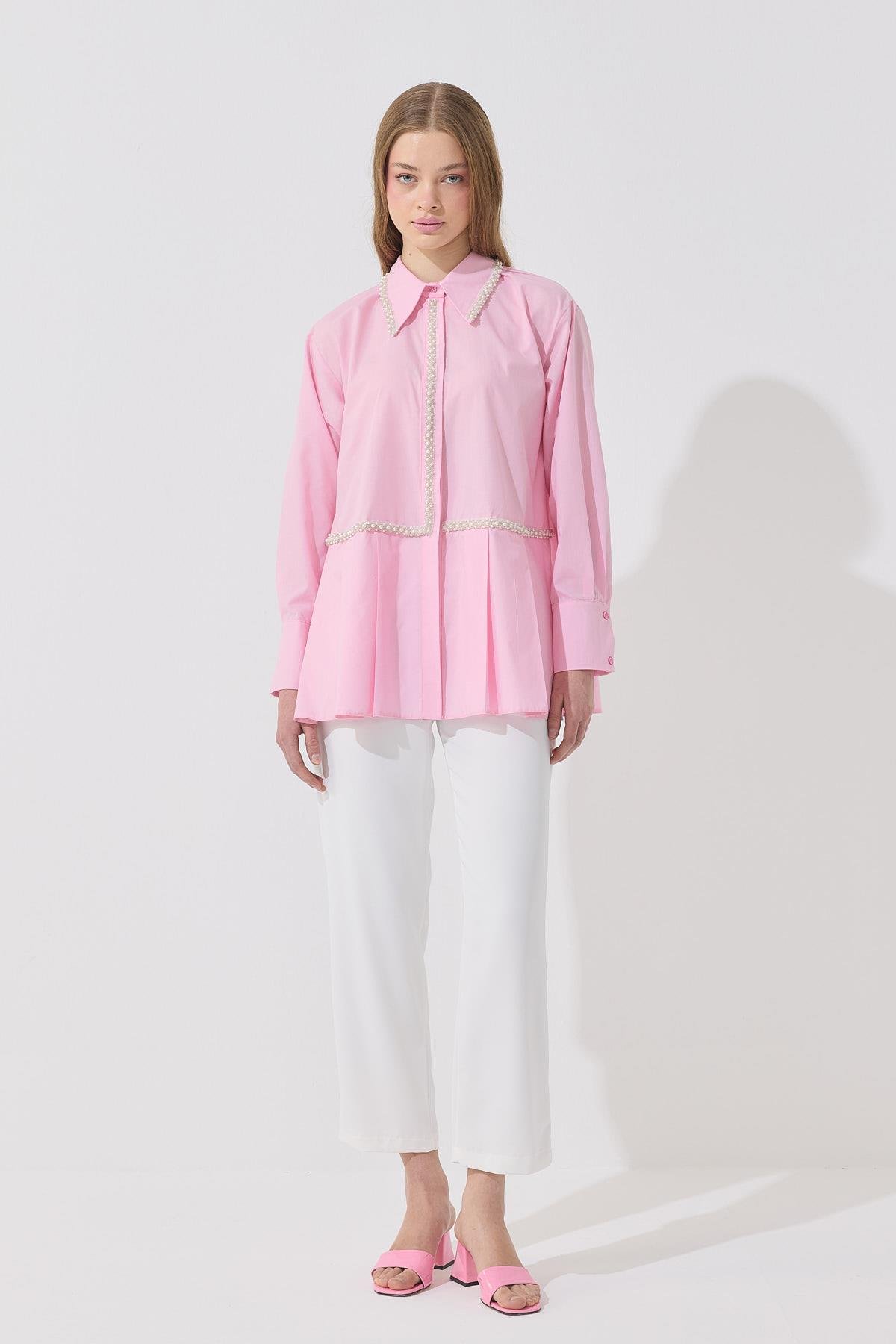 Melinda İnci İşlemeli Pileli Gömlek - Pembe 
