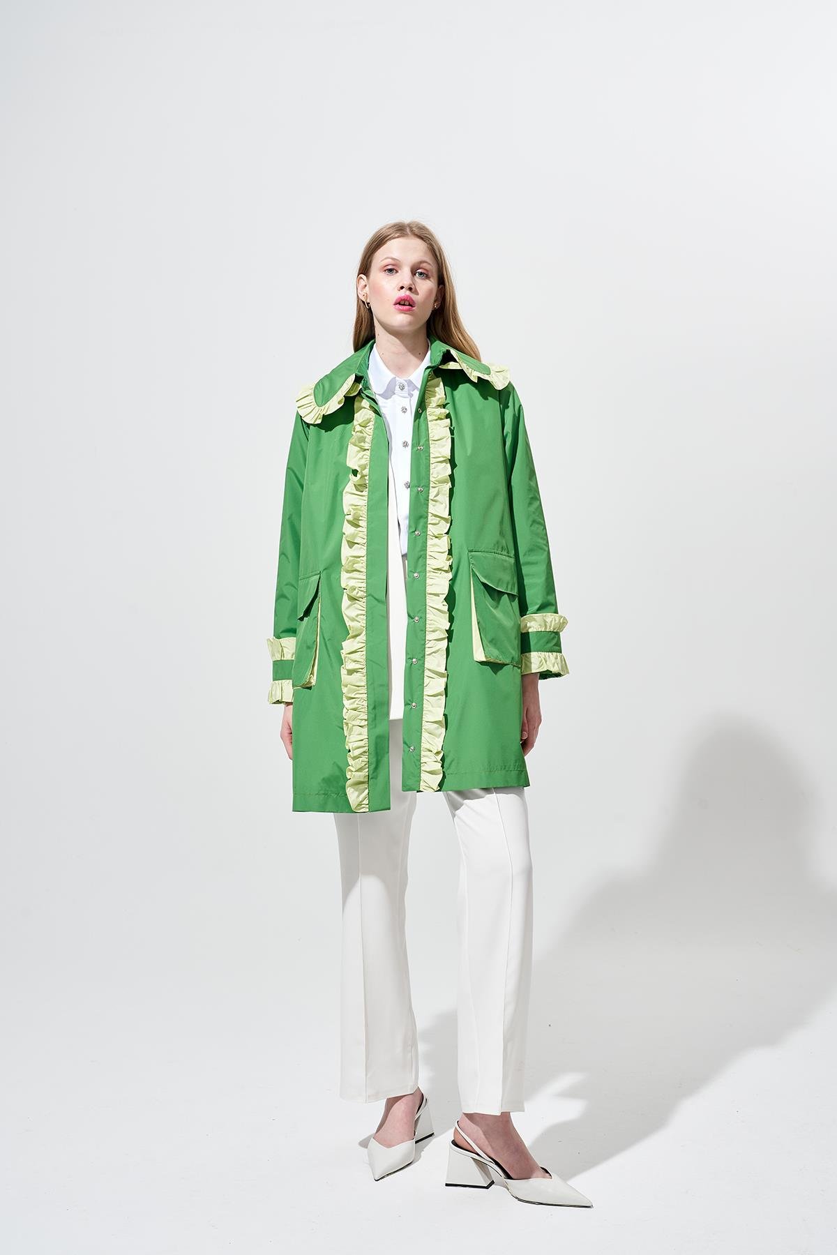 Melissa Büzgü Detaylı Garnili Yağmurluk - Yeşil
