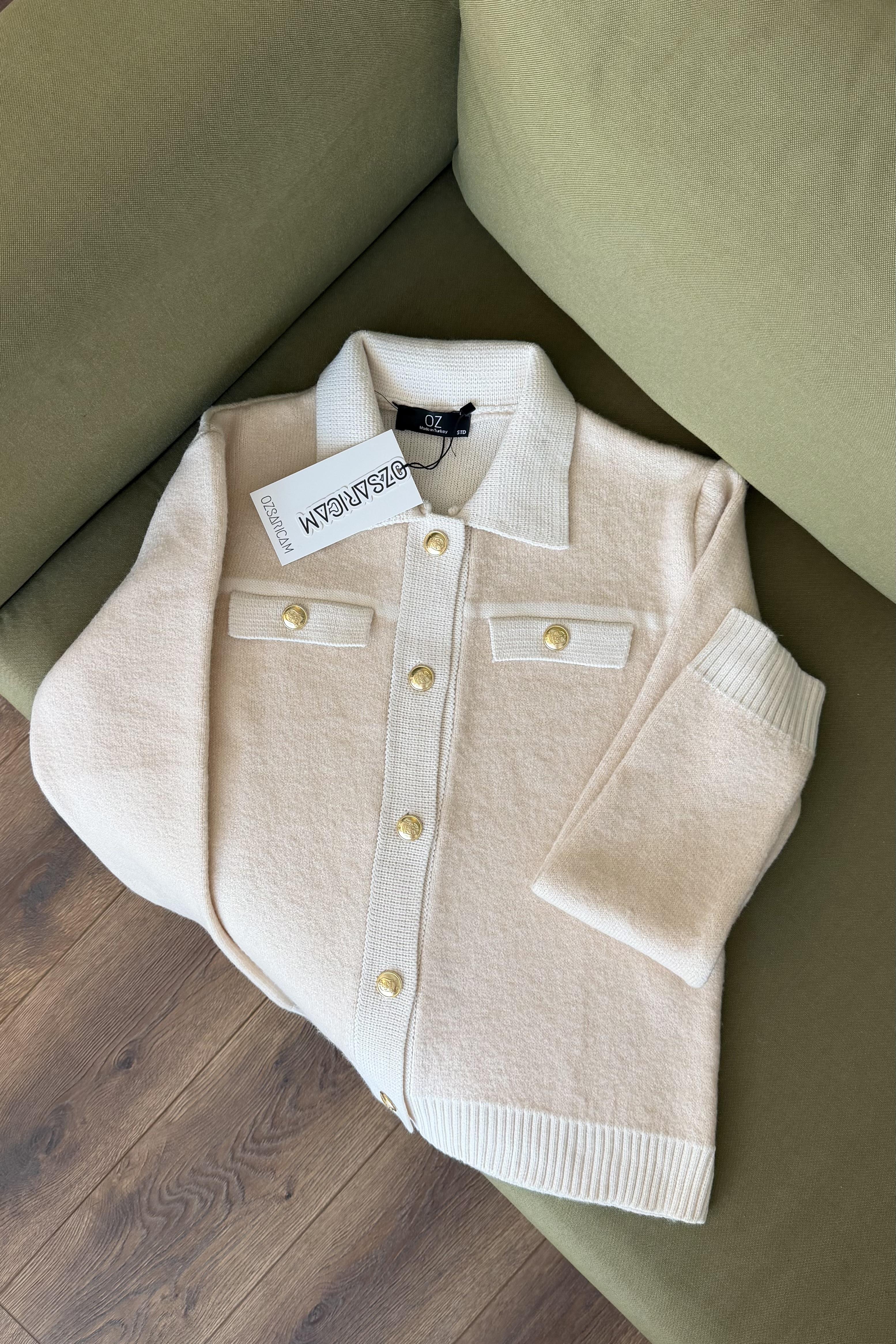 Mikasa Kombine Gold Düğmeli Hırka - Pudra