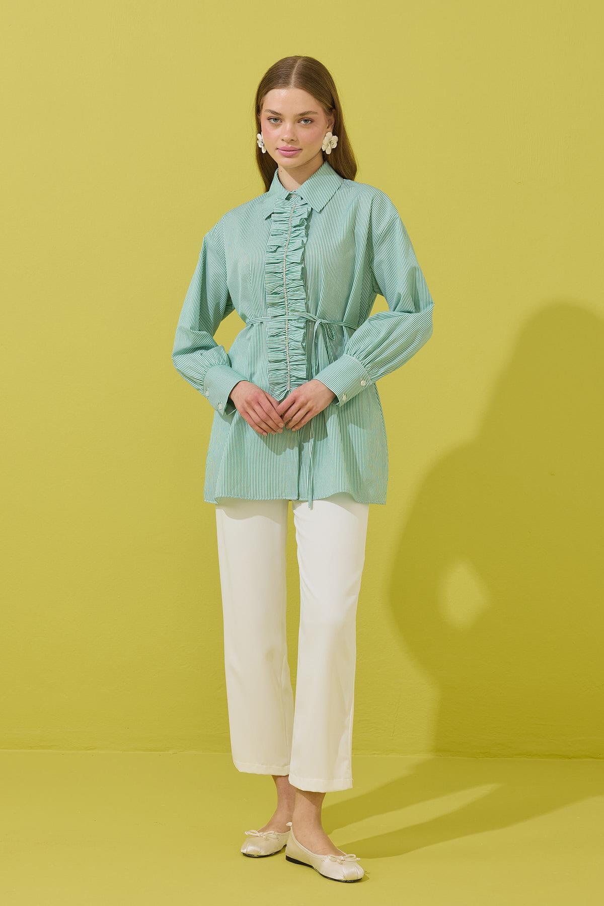 Millie Taş İşlemeli Biye Kemerli Gömlek - Yeşil