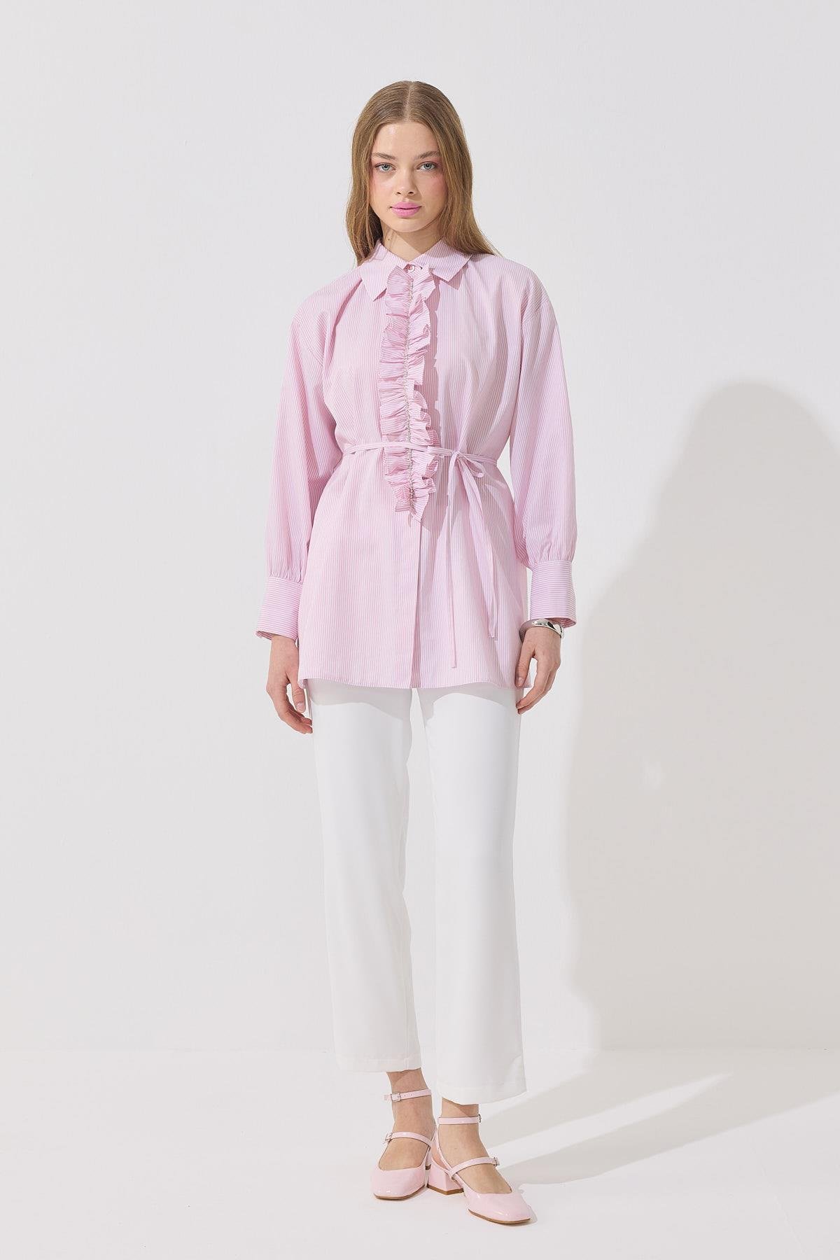 Millie Taş İşlemeli Biye Kemerli Gömlek - Pembe 