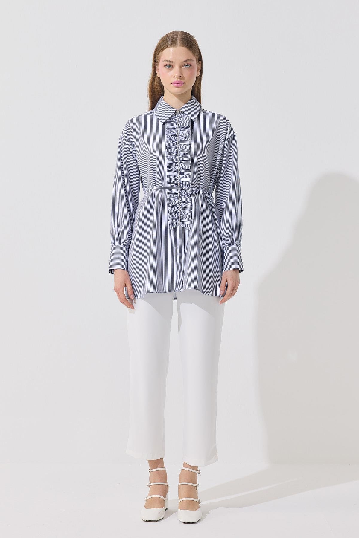 Millie Taş İşlemeli Biye Kemerli Gömlek - Lacivert 