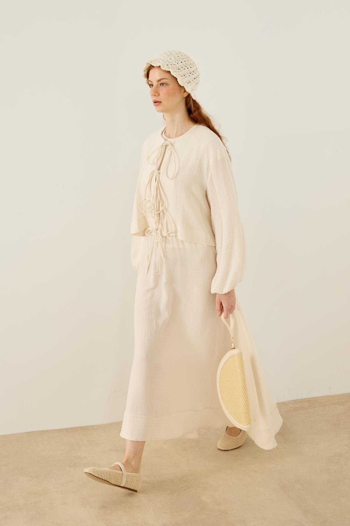 Mirabel Bağcıklı Müslin Takım - Krem