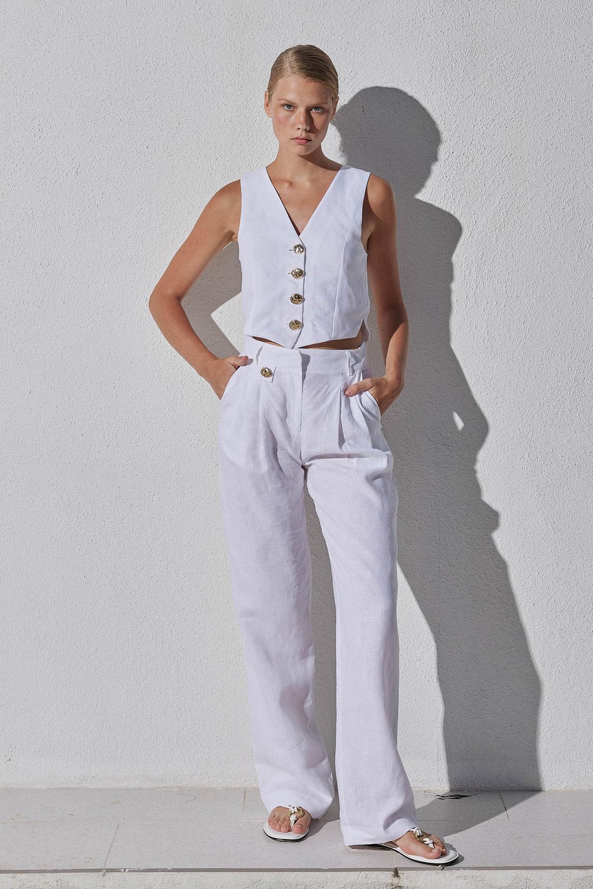 Monica Düğme Detaylı Pileli Keten Pantolon - Beyaz