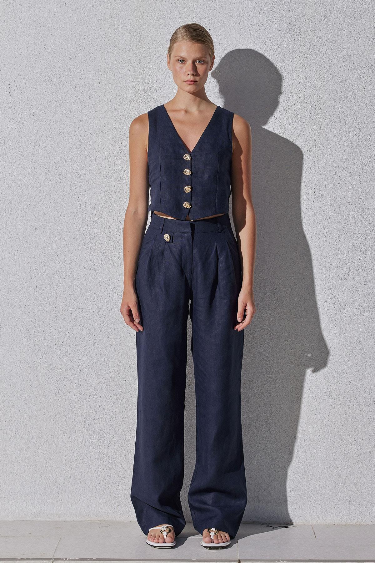 Monica Düğme Detaylı Pileli Keten Pantolon - Lacivert