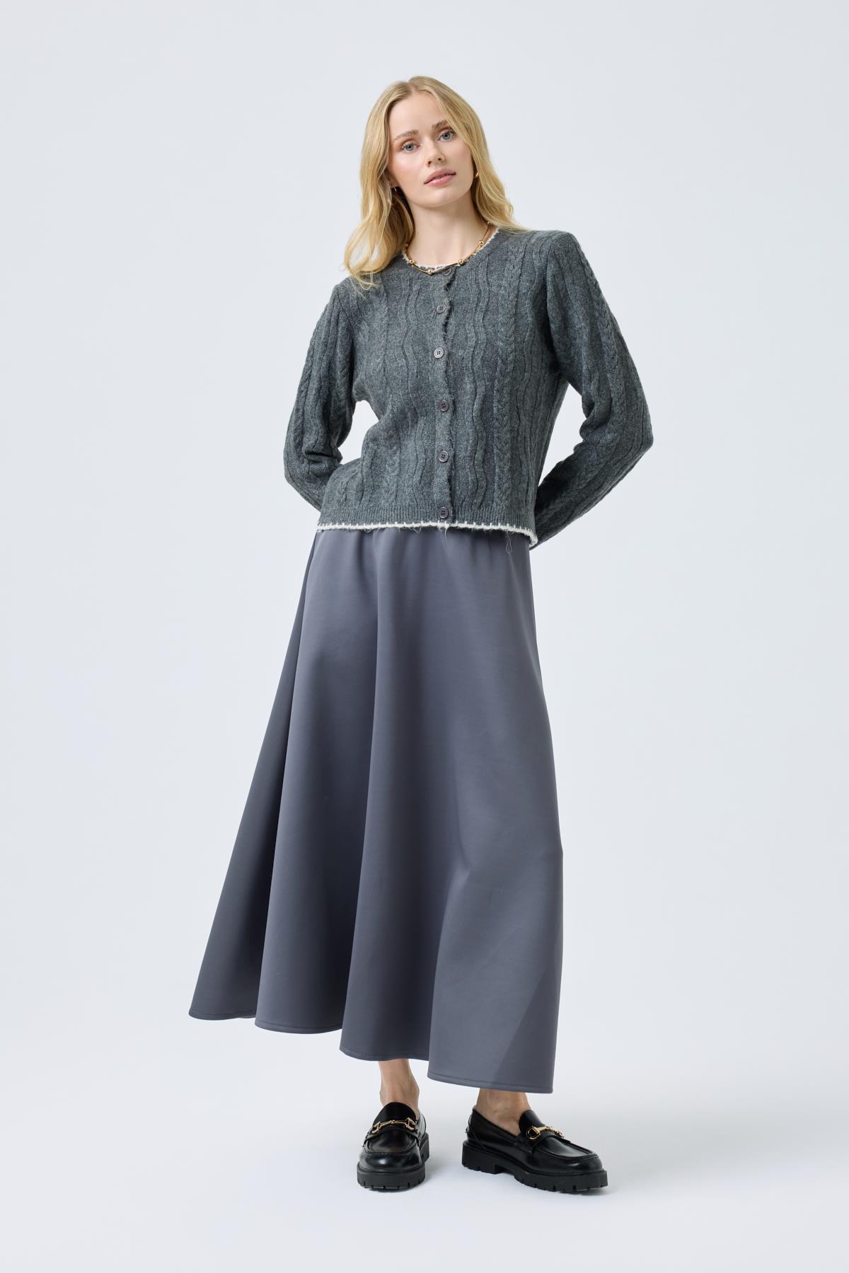 Myra Kontrast Saç Örgülü Hırka - Antrasit 