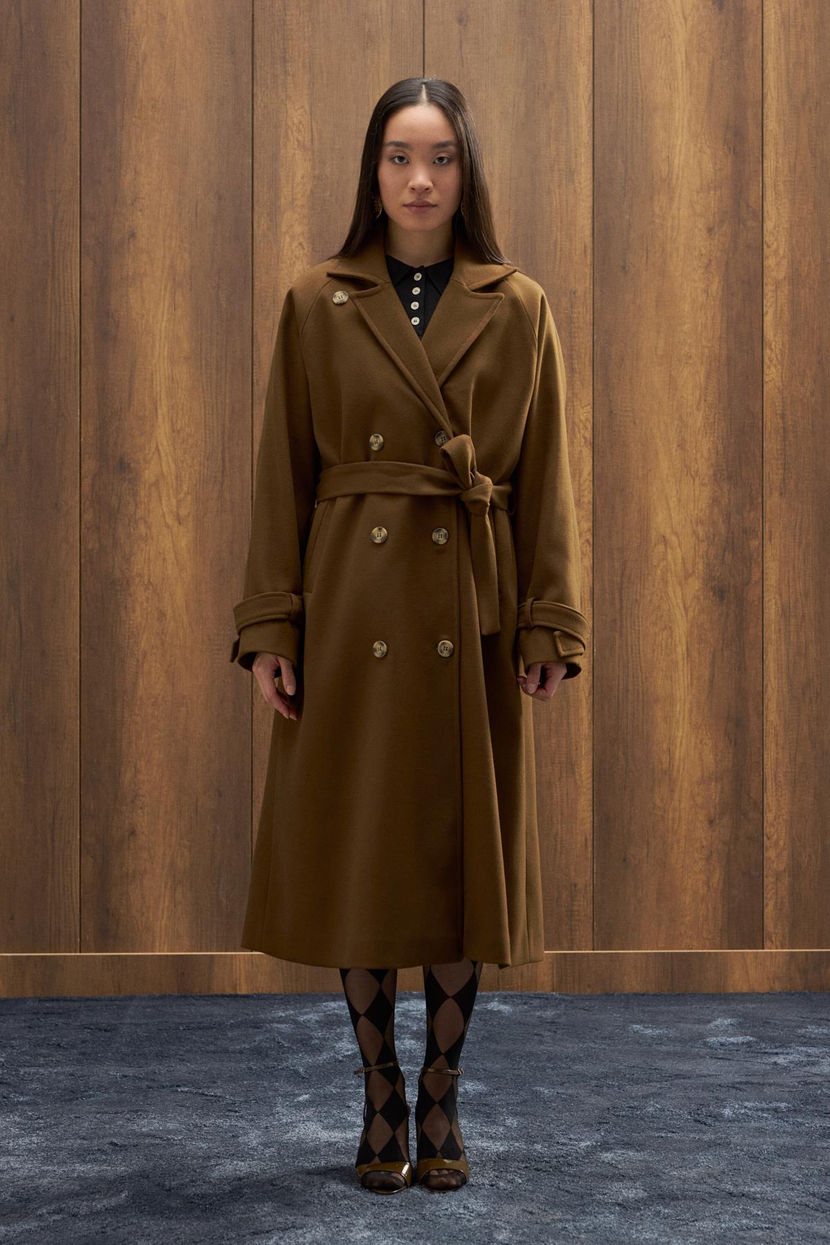 Nile Kuşaklı Kruvaze Kaşe Kaban - Kahverengi 