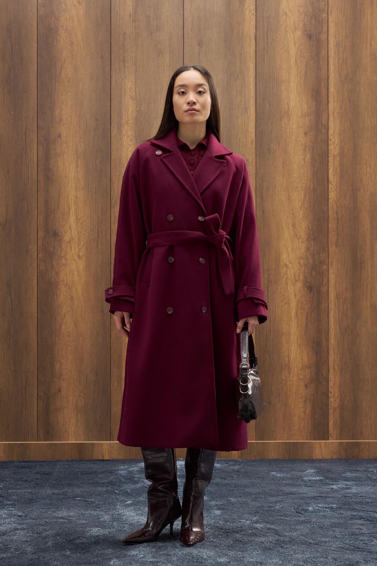 Nile Kuşaklı Kruvaze Kaşe Kaban - Mürdüm 