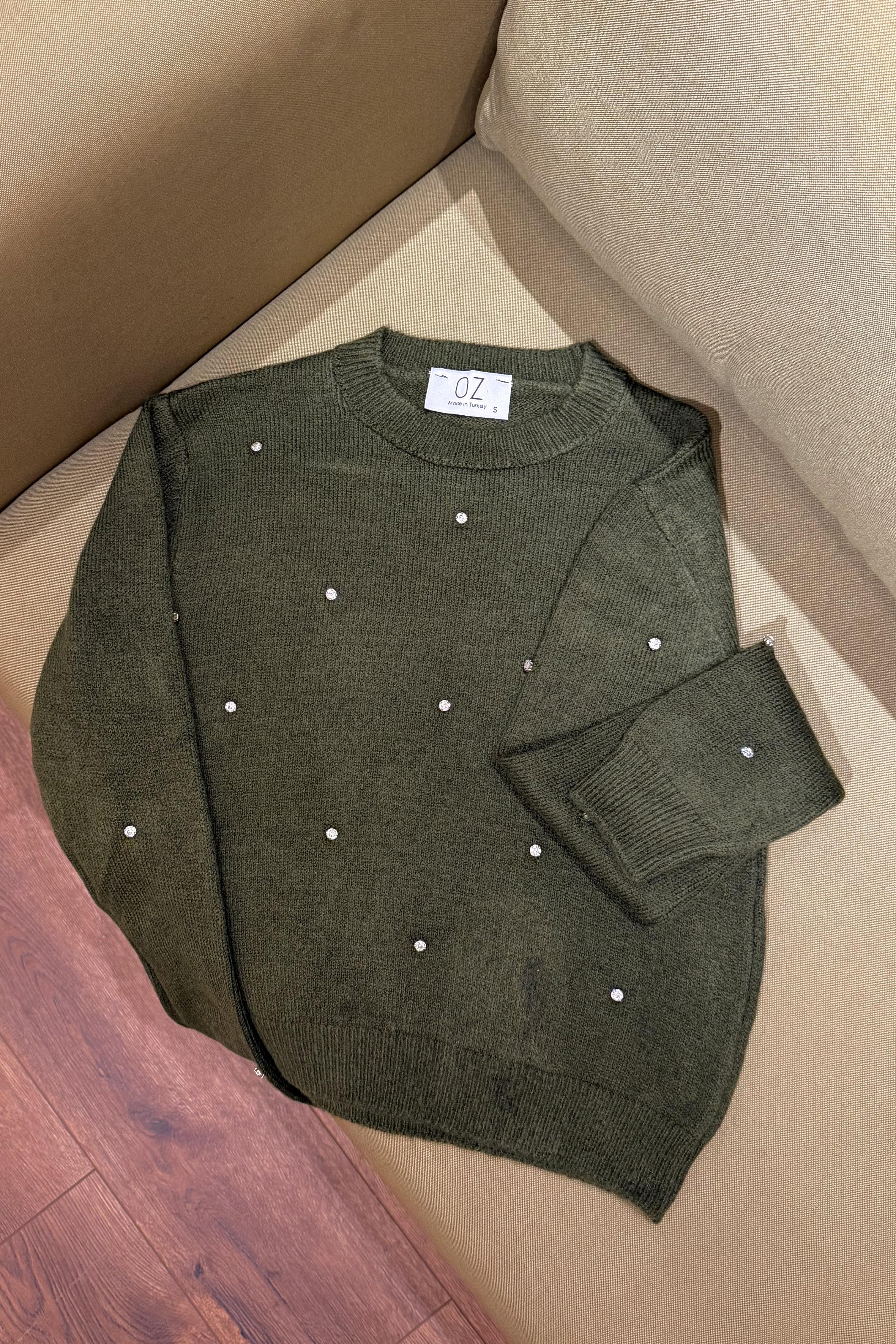 Nora Taş İşlemeli Kazak - Haki 