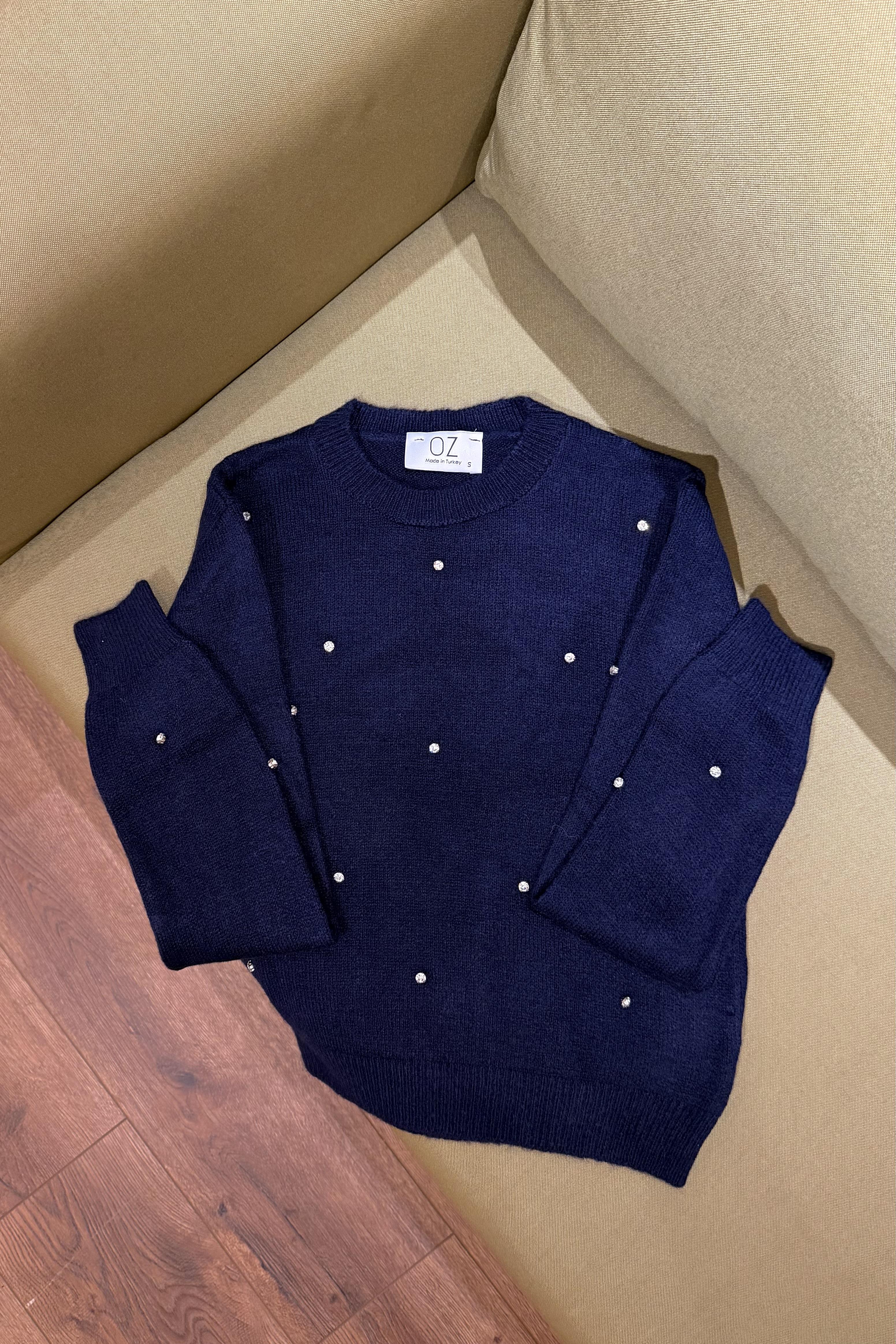 Nora Taş İşlemeli Kazak - Lacivert