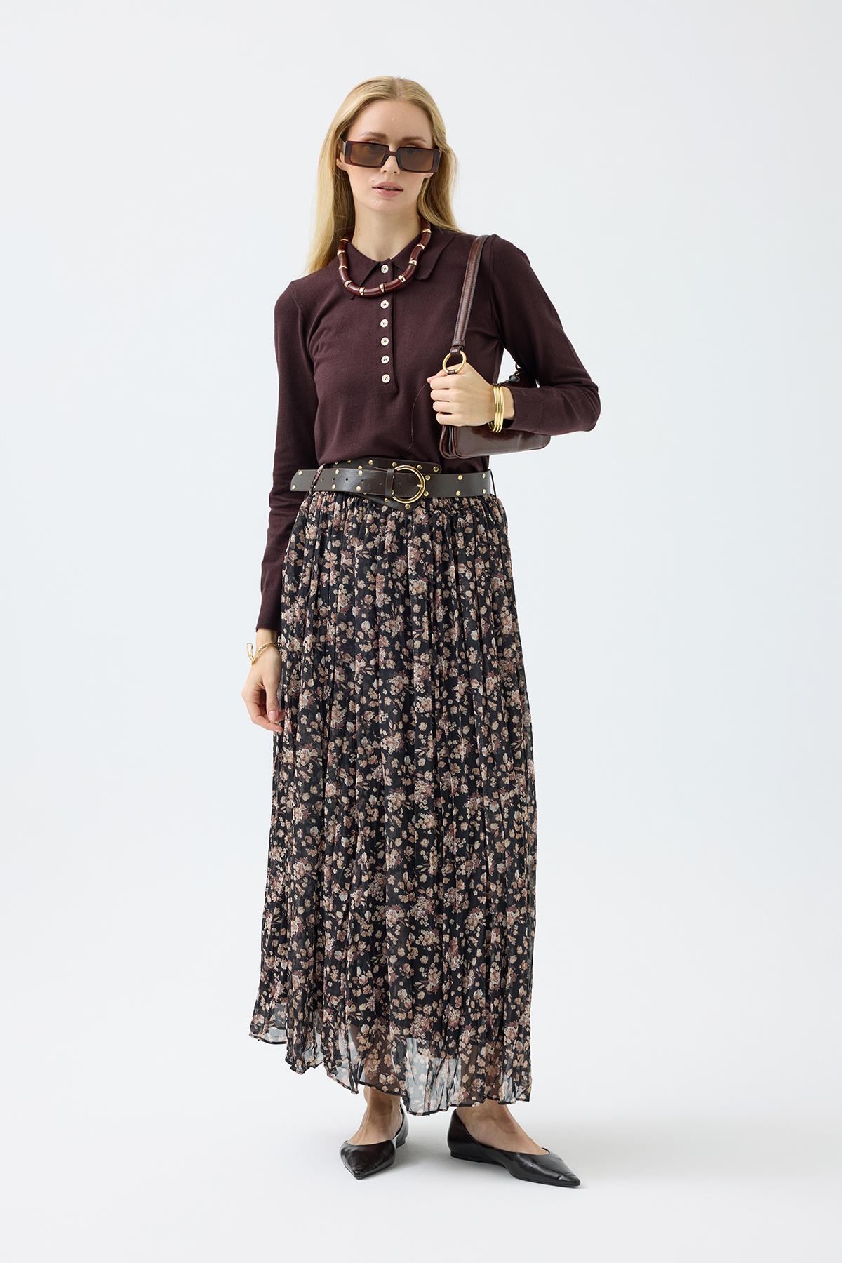 Nova Kemerli Şifon Etek - Kahverengi 