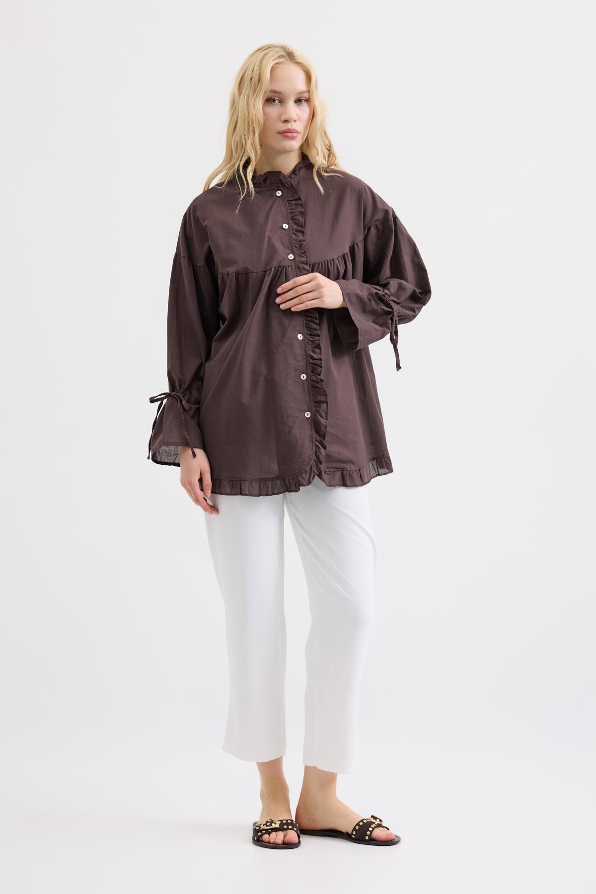 Olden Pamuk Vual Fırfırlı Gömlek- Acı Kahve