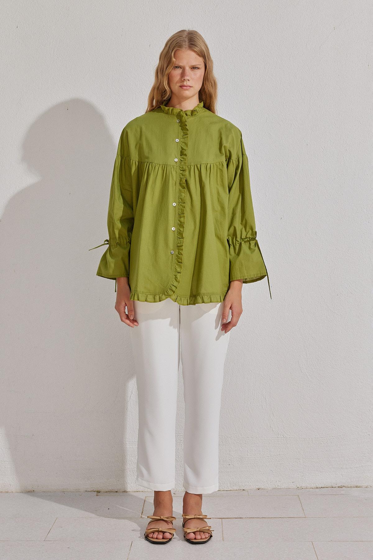 Olden Pamuk Vual Fırfırlı Gömlek - Elma Yeşil