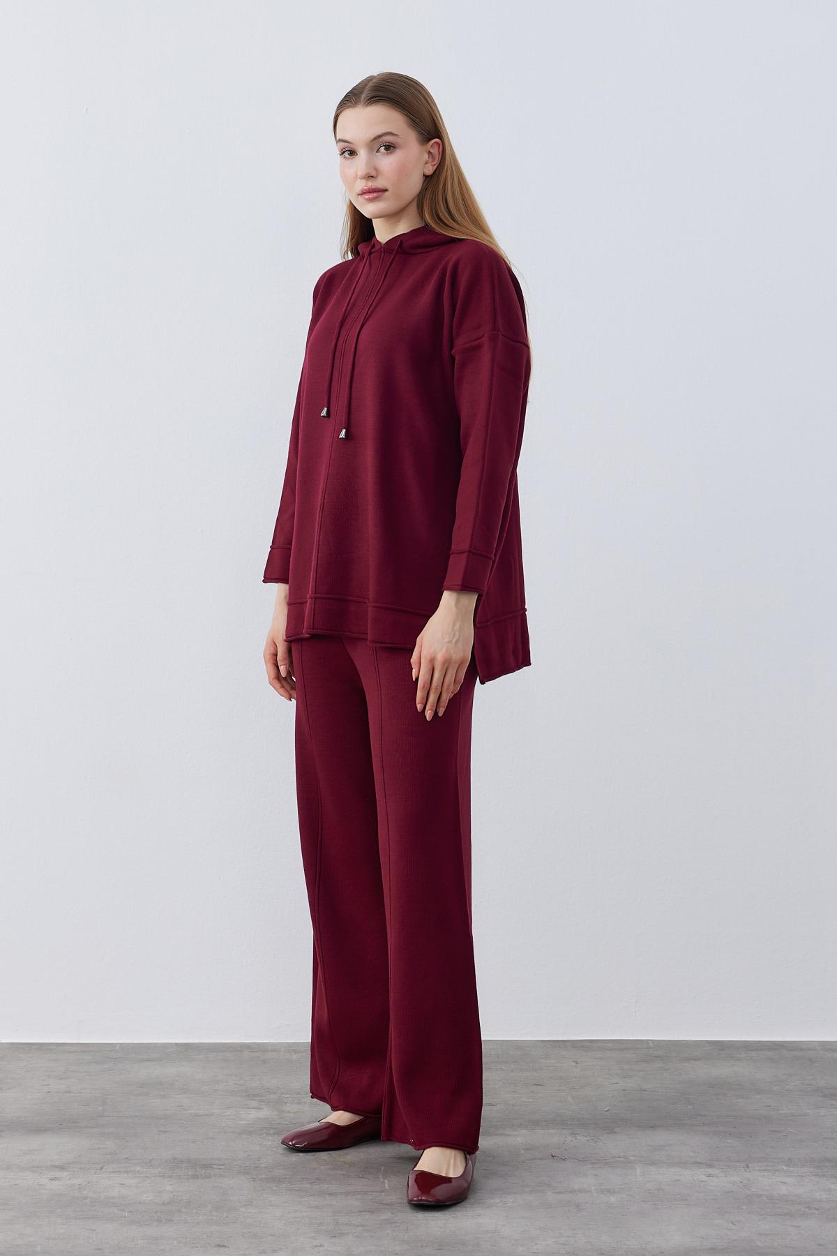 Olivia Kapüşonlu Triko Takım - Bordo