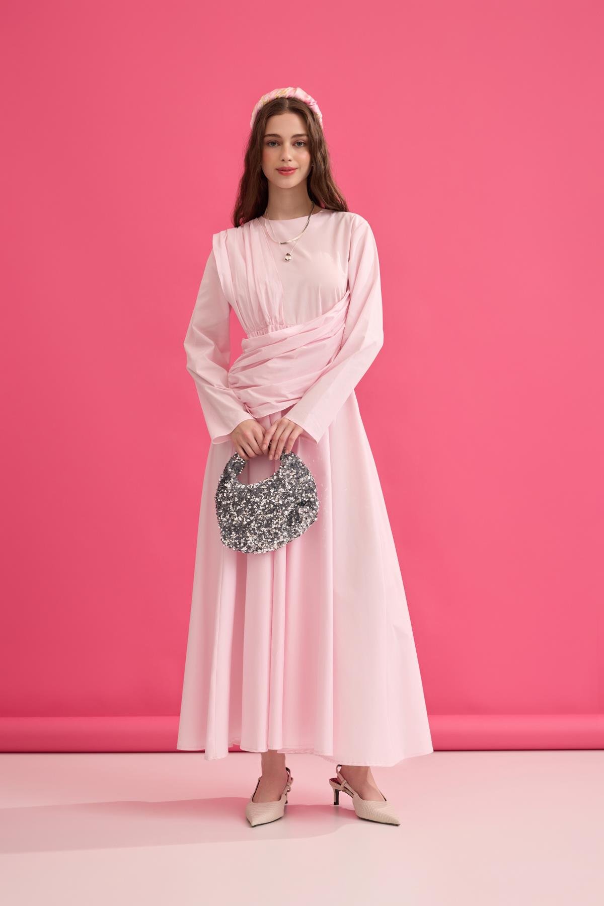 Olympia Drapeli Kuşaklı Poplin Elbise - Pembe