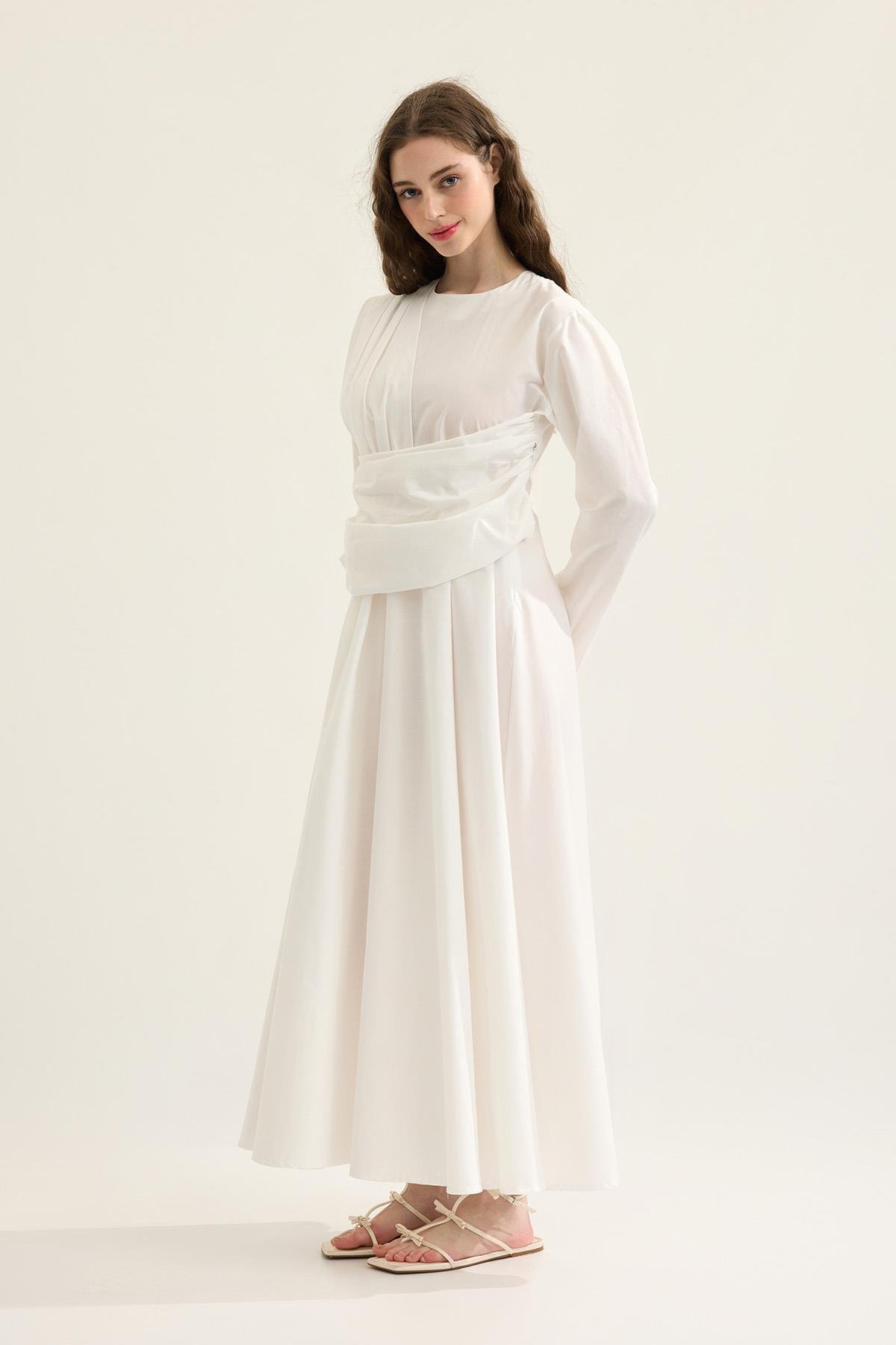 Olympia Drapeli Kuşaklı Poplin Elbise- Beyaz