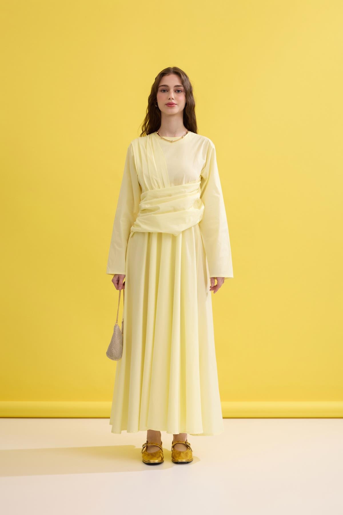 Olympia Drapeli Kuşaklı Poplin Elbise- Sarı