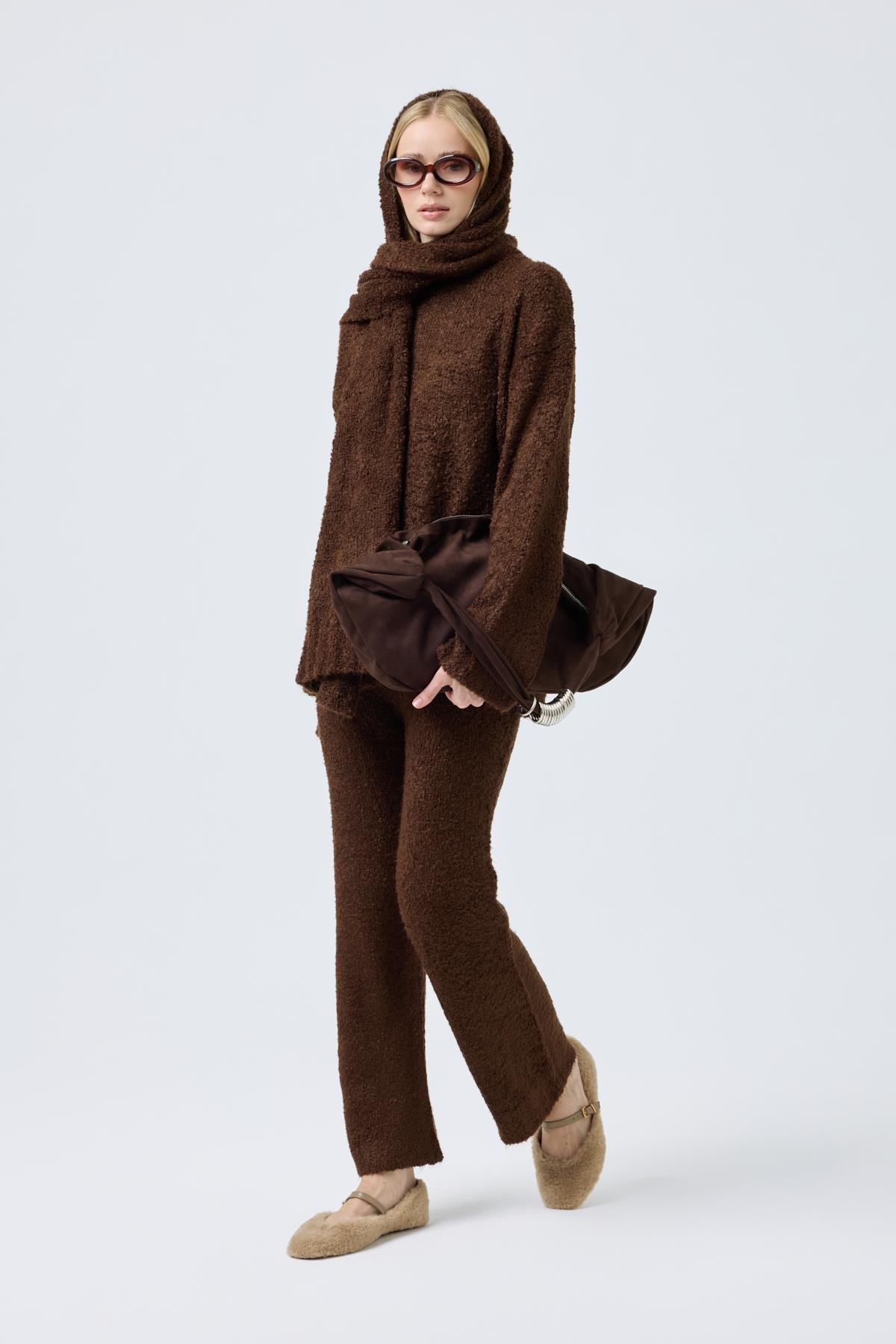 Polyane Atkılı Dokulu Triko Takım - Acı kahve