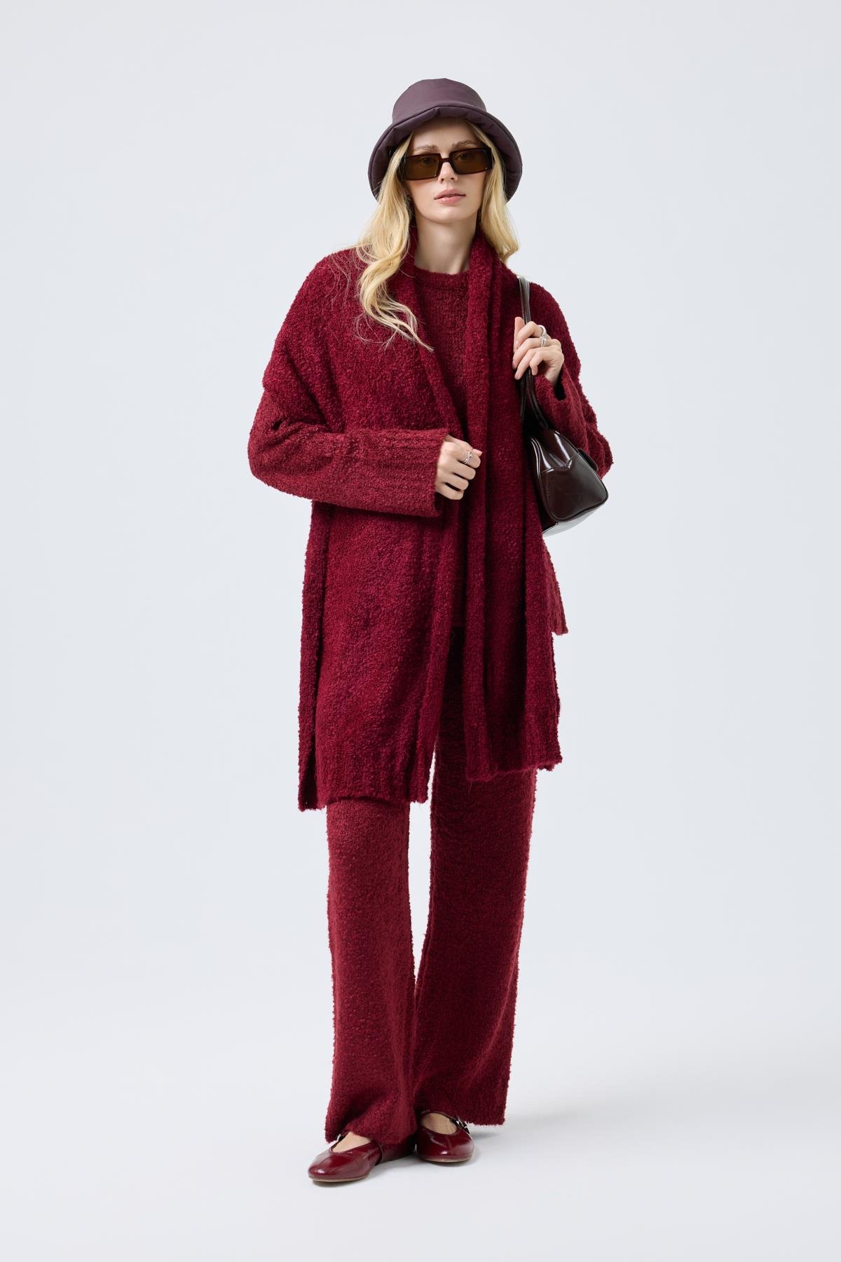 Polyane Atkılı Dokulu Triko Takım - Bordo