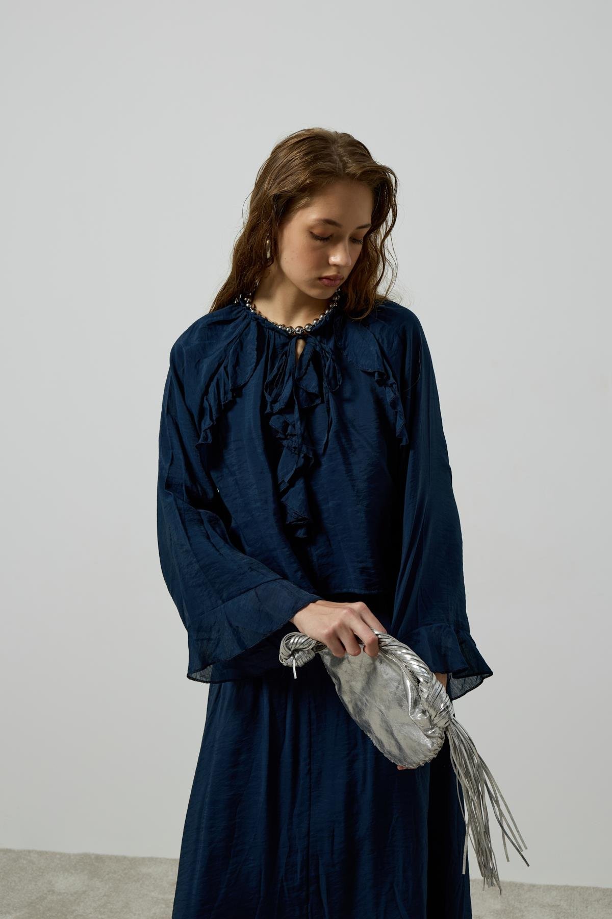 Poppy Büzgülü Volanlı Takım - Lacivert