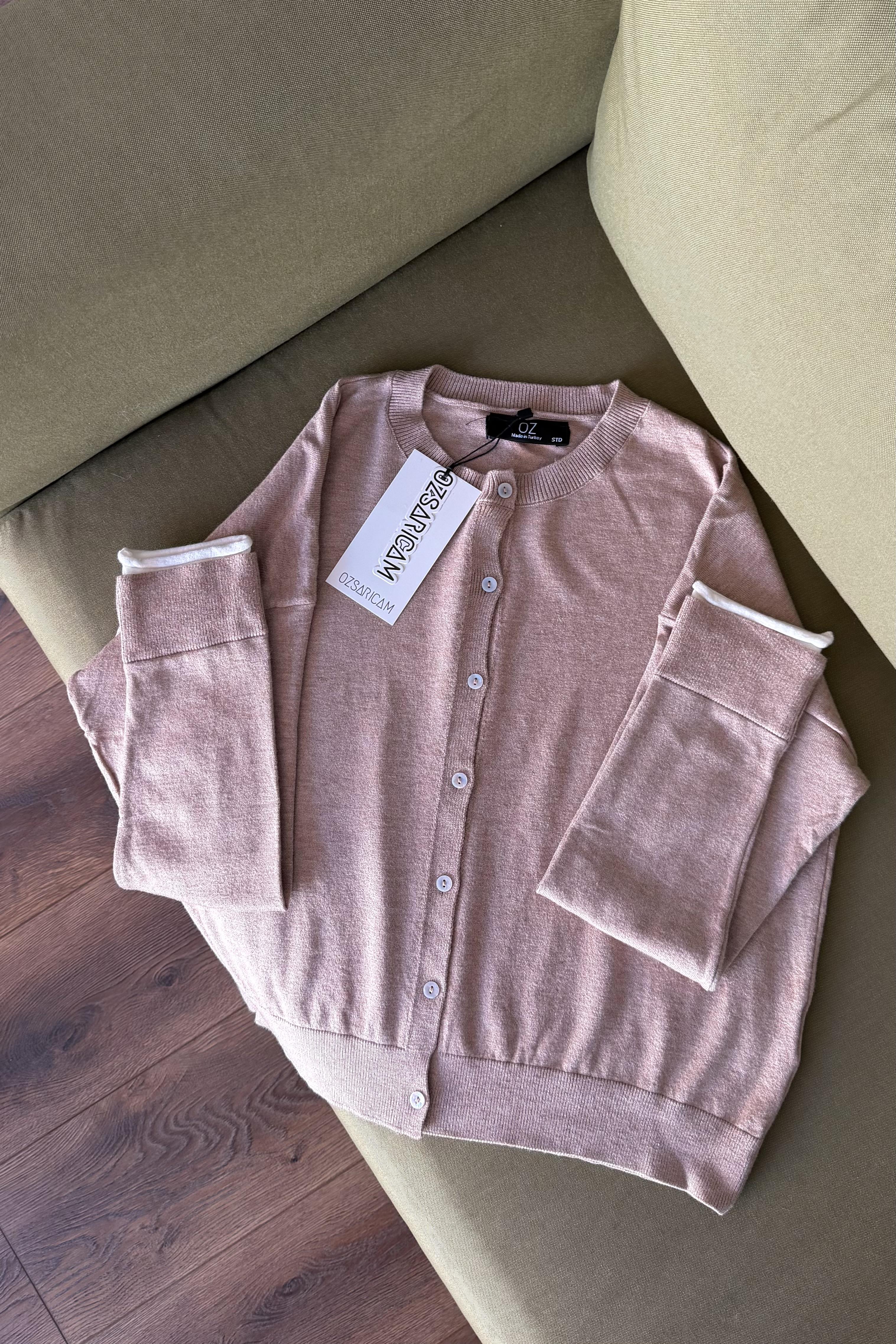 Raven Çift Manşetli Sedef Düğmeli Hırka - Vizon