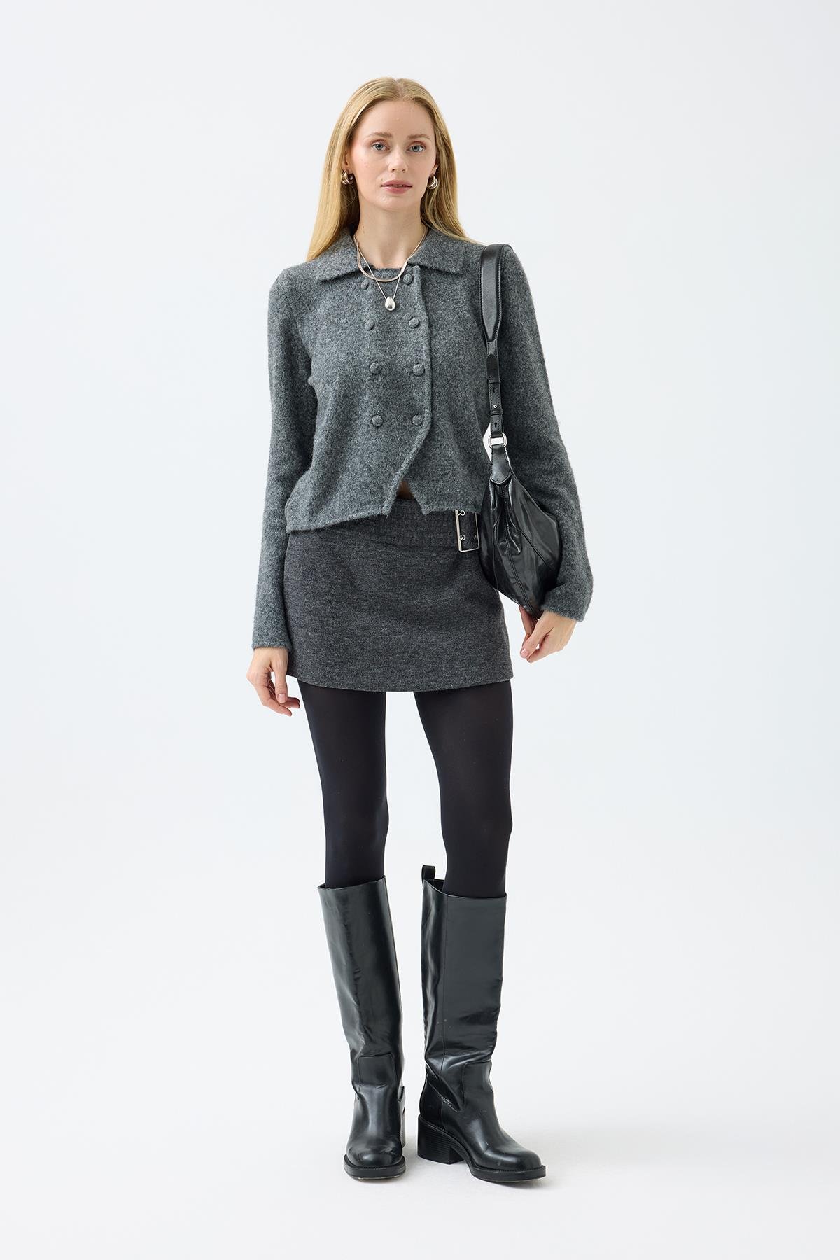 Rita Çift Kapamalı Triko Ceket - Antrasit 