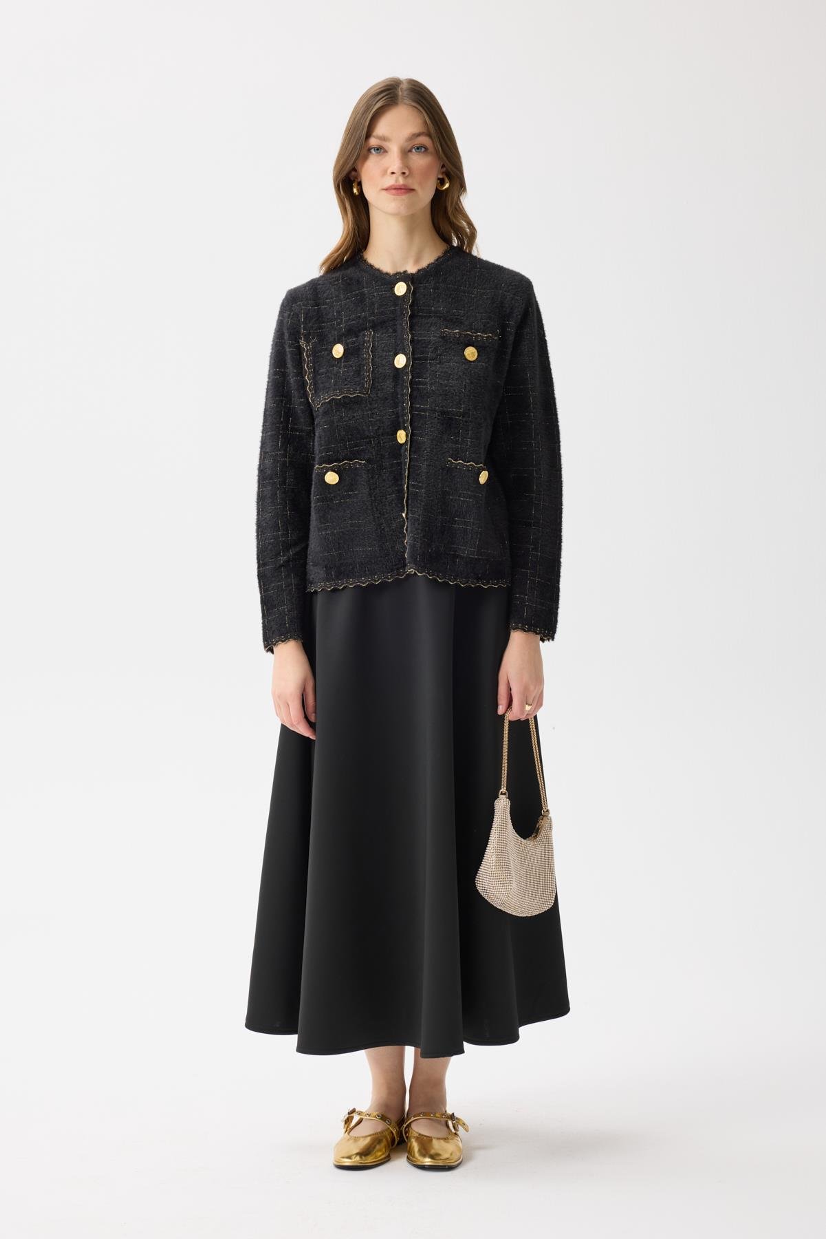 Rivera Gold Geçişli Angora Hırka - Siyah