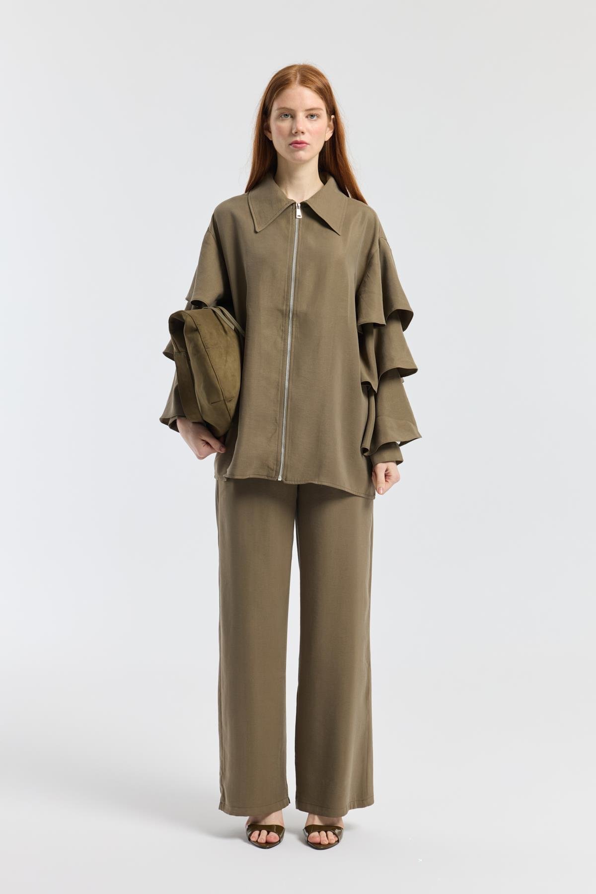 Rosalie Modal Fırfırlı Kemerli Takım - Haki