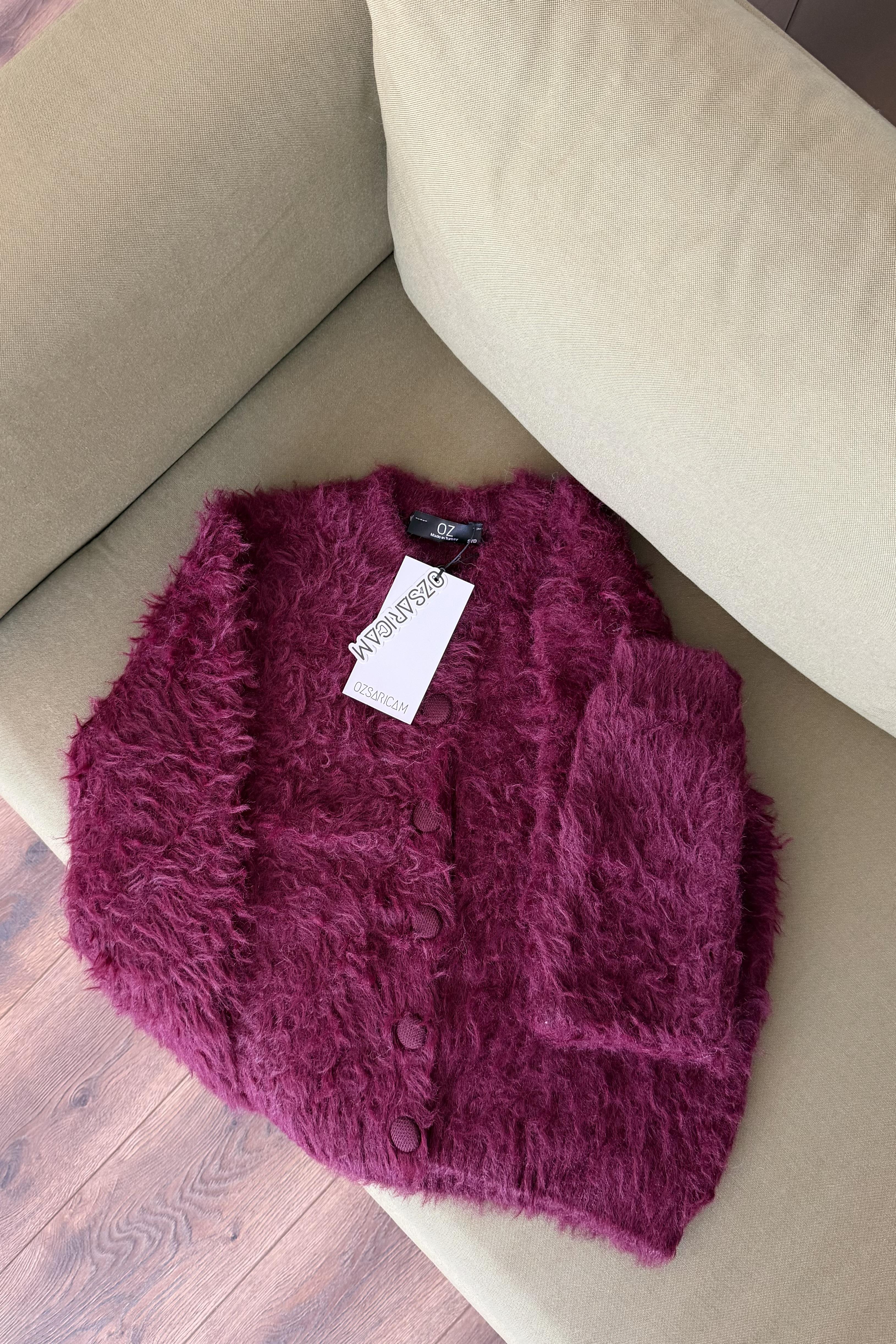 Rosana Kaplama Düğmeli Peluş Hırka - Bordo 