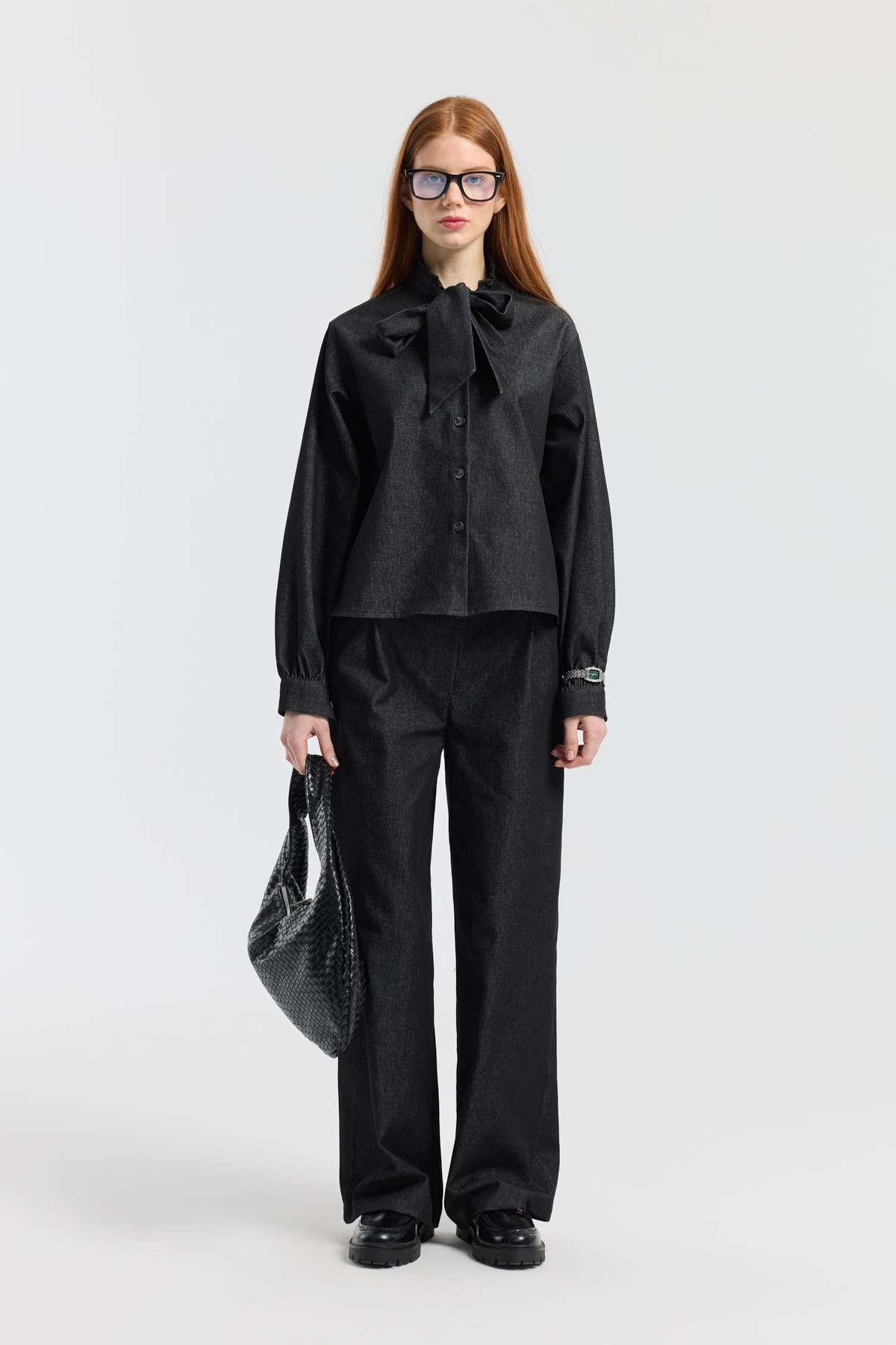 Rowan Yaka Bağlamalı Kot Takım - Siyah