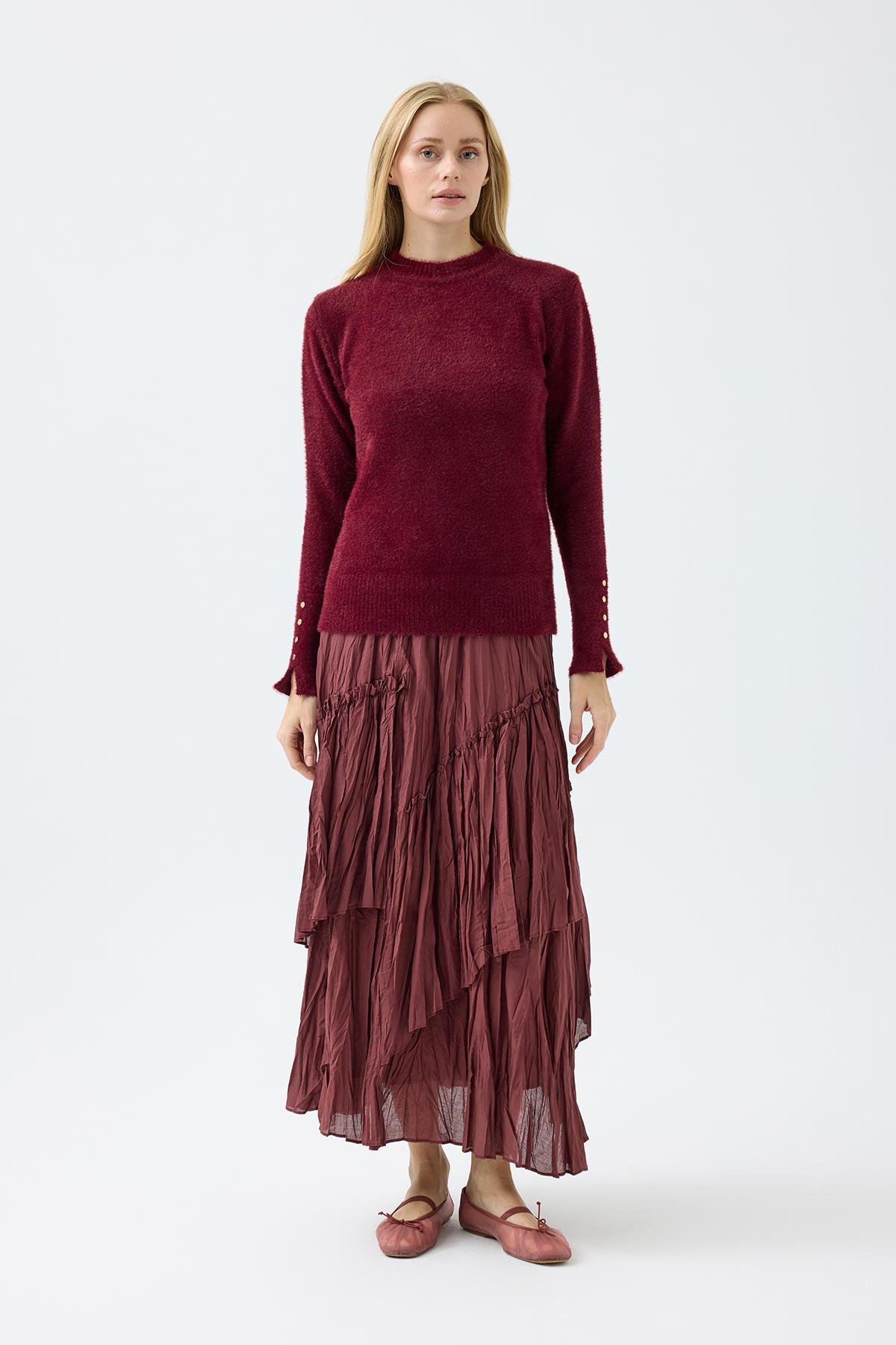 Sabrina Angora Zımbalı Kazak - Bordo 