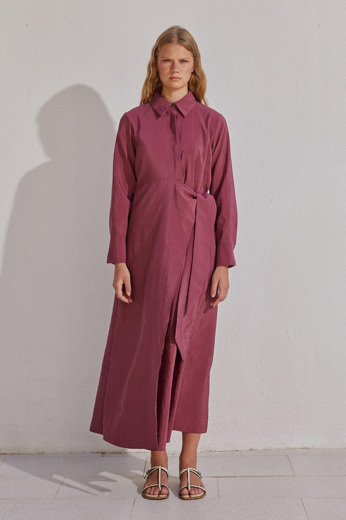 Sandy Bağlama Detaylı Tencel Elbise- Bordo