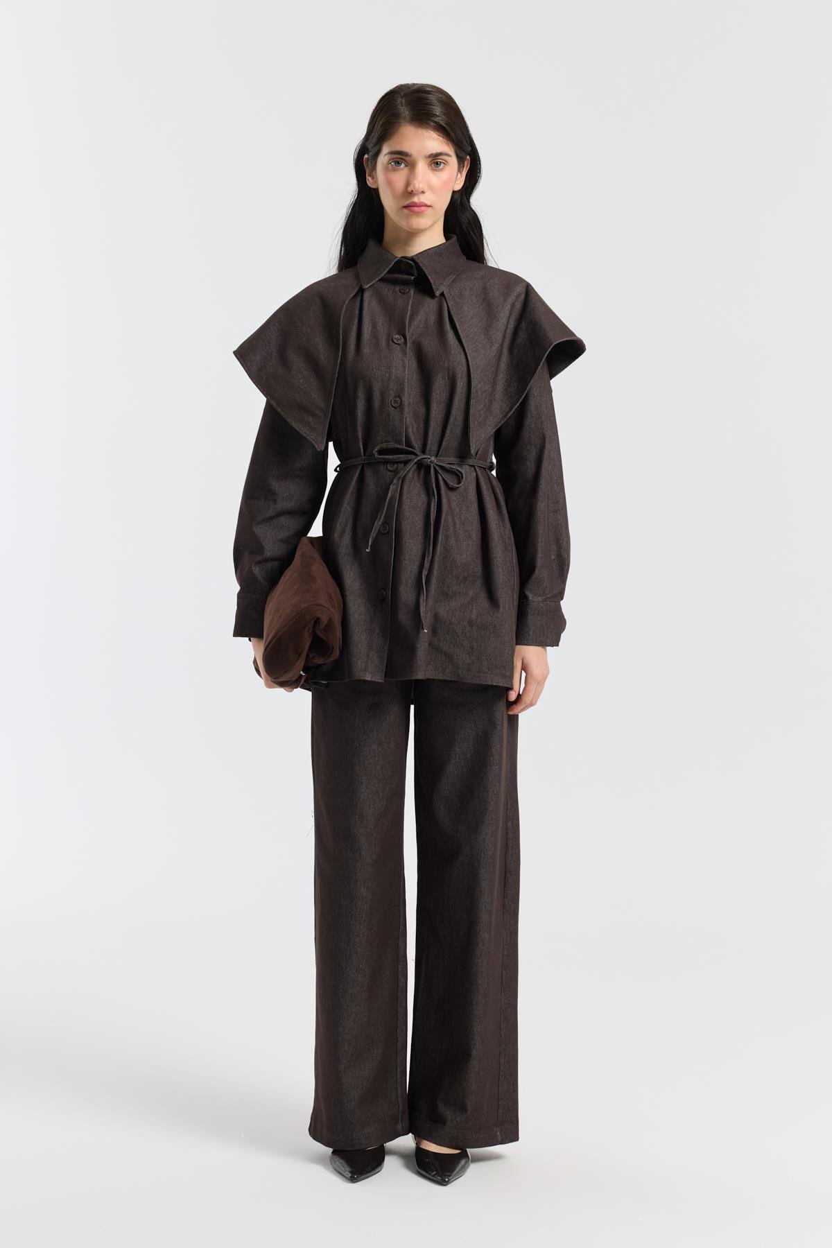 Sara Seyyar Yaka Detaylı Kot Takım - Acı kahve