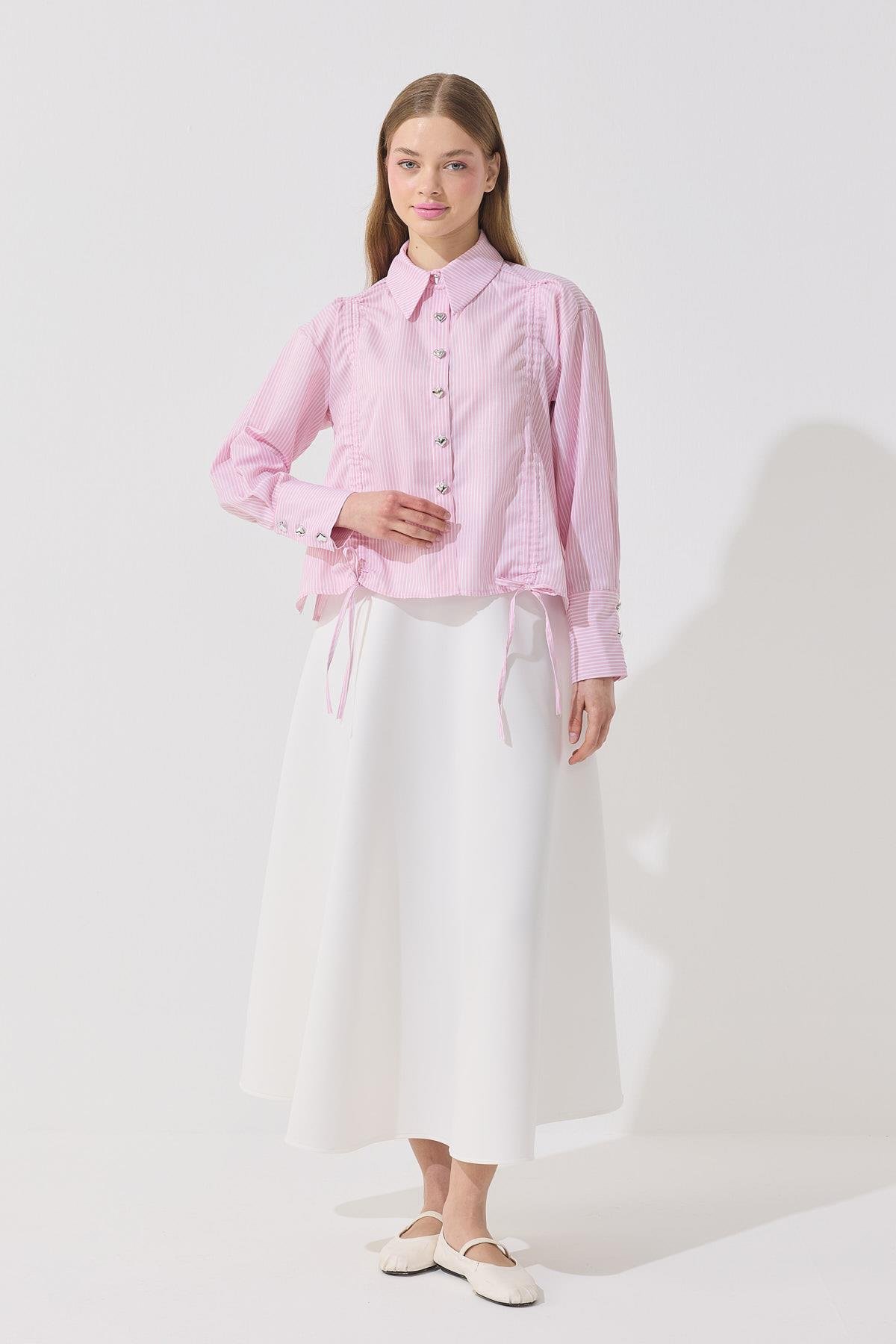 Selena Kalp Düğmeli Büzgülü Gömlek- Pembe