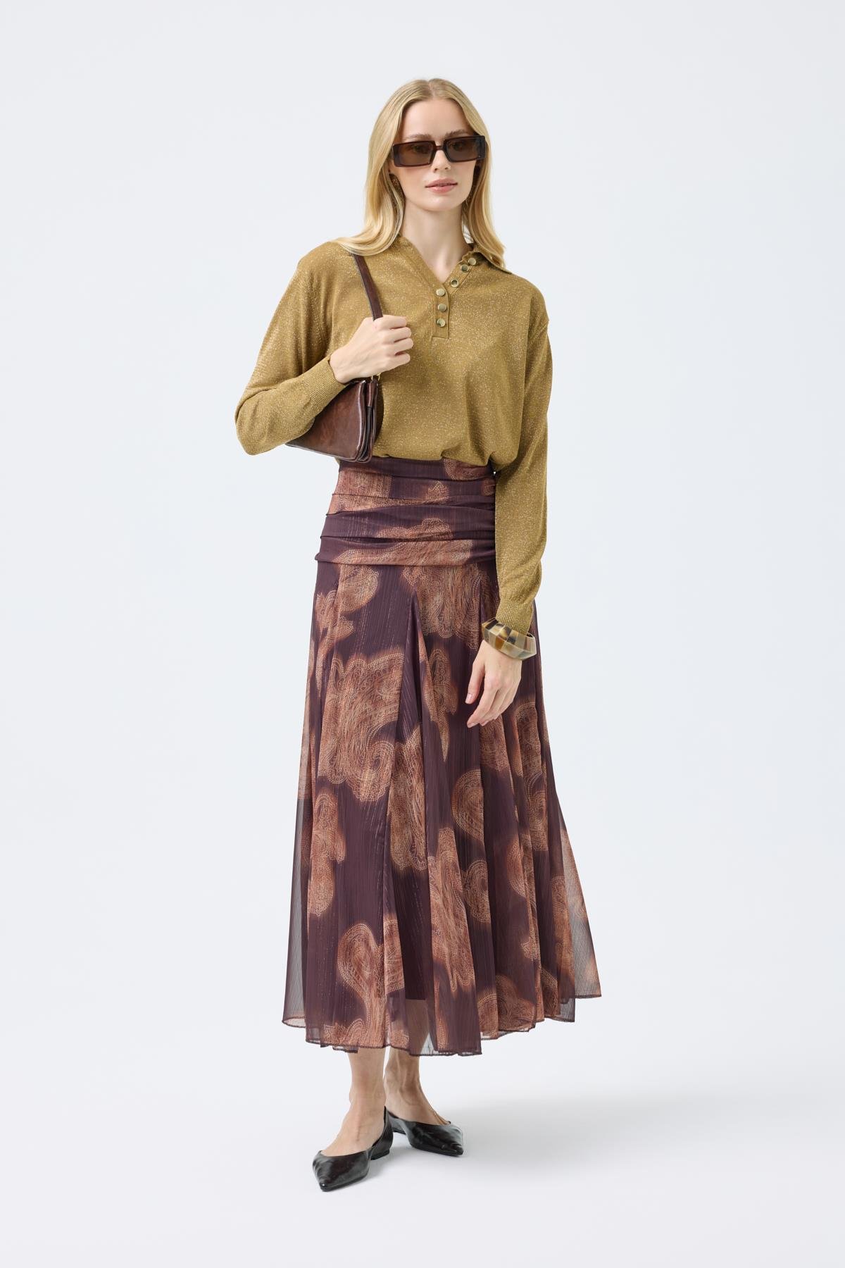 Shadow Drapeli Volanlı Şifon Etek - Kahverengi