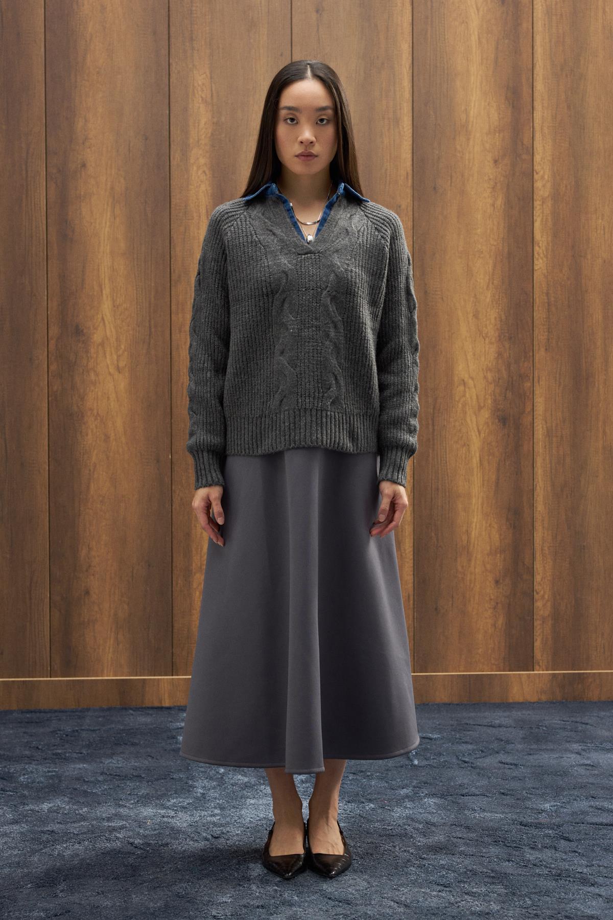 Side Denim Parçalı Triko Kazak - Antrasit