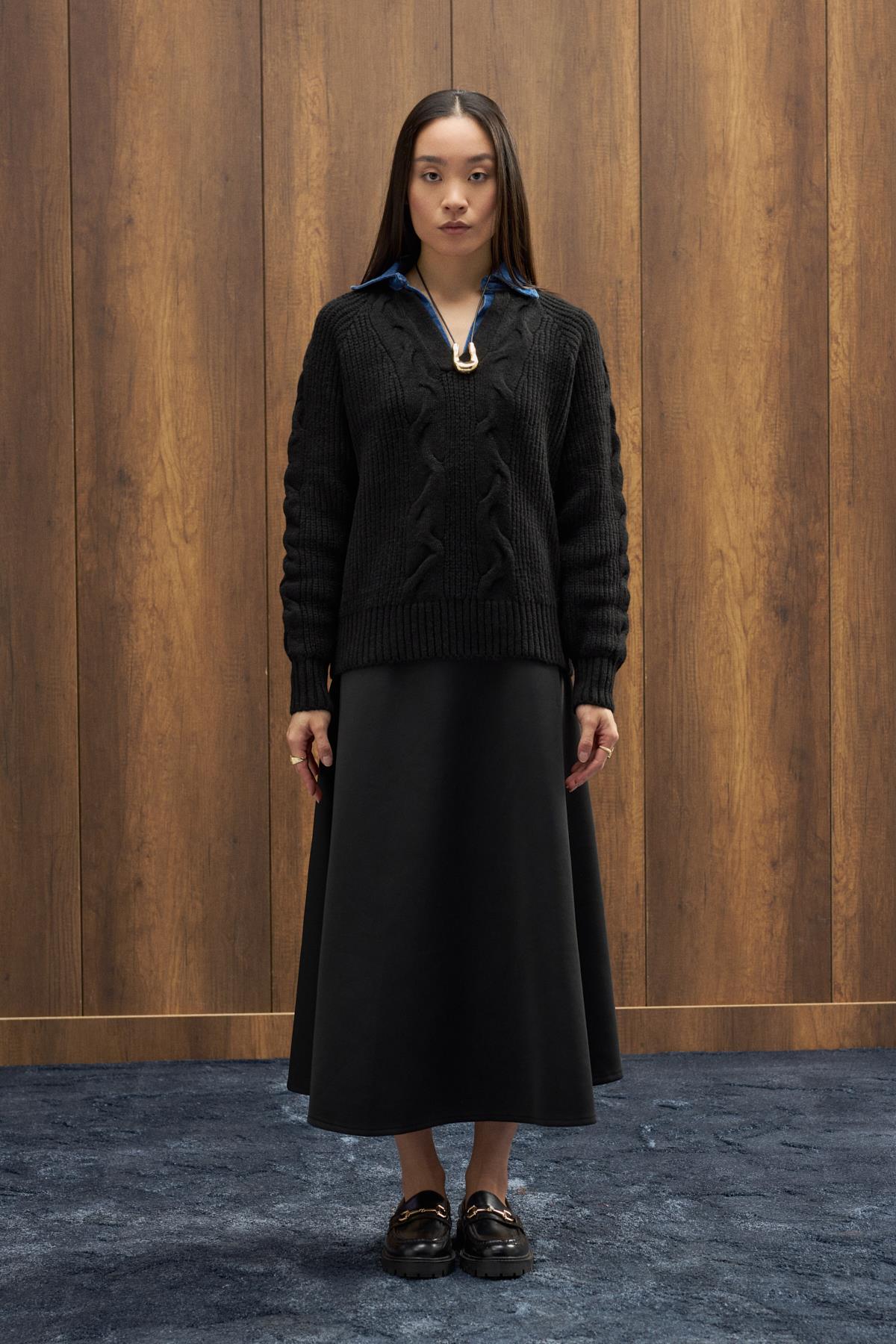 Side Denim Parçalı Triko Kazak - Siyah