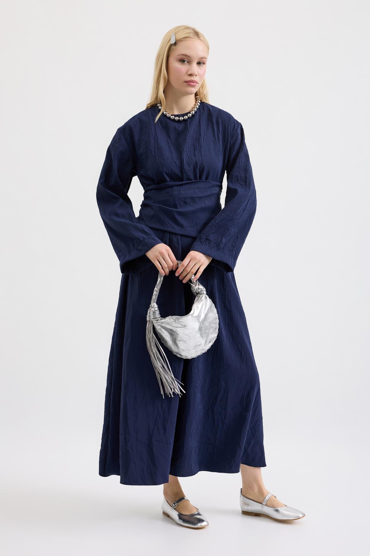 Silvia Kuşak Kemerli Pilili Elbise - Lacivert